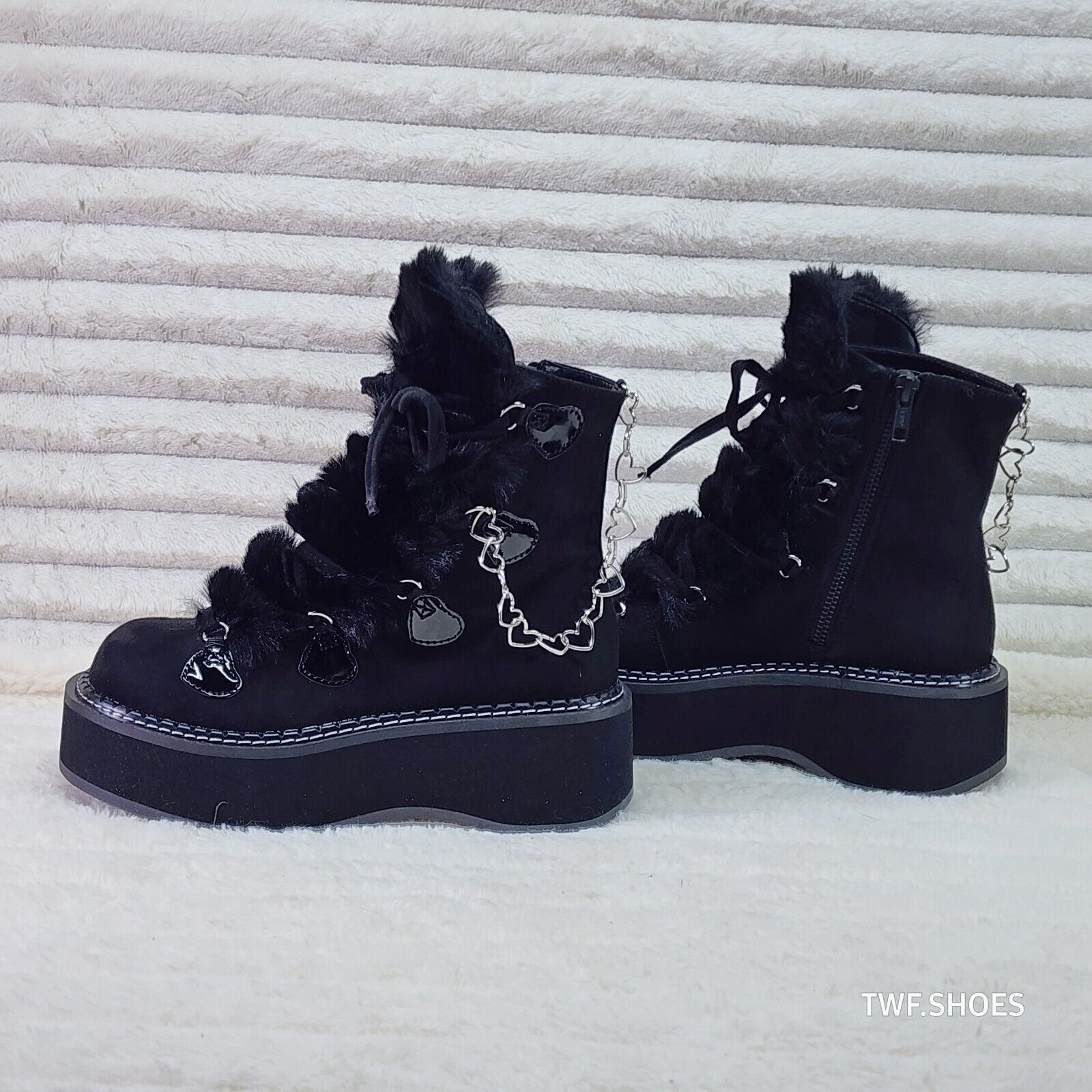 Emily Black Furry Heart Chain Goth 2" Platform Ankle Boots 55 Faux Fur - Totally Wicked Footwear