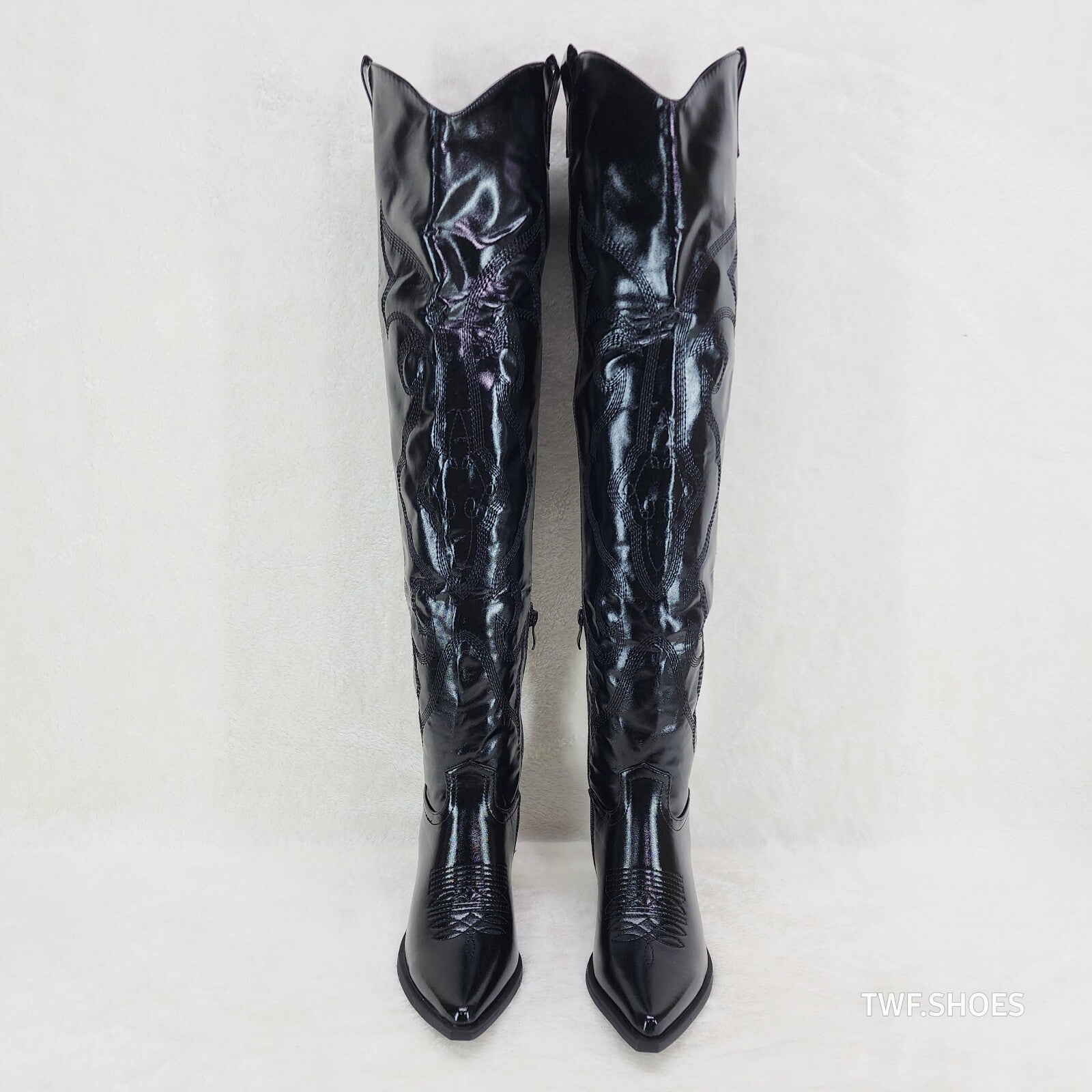 Country Disco Cowboy Metallic Black Western Cowgirl OTK Thigh Boots