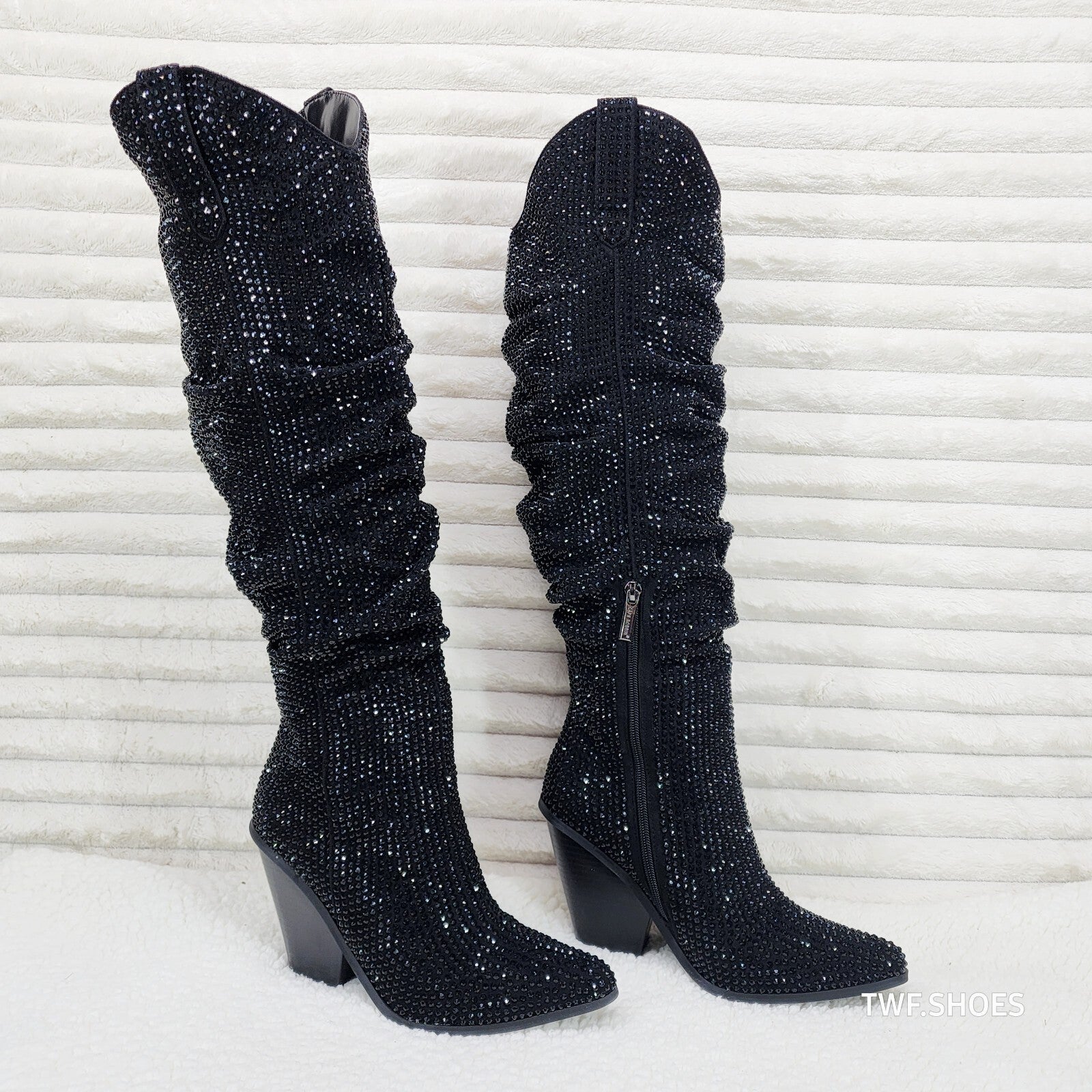 Cape Robbin Diamond Rider Black Rhinestone  Western Slouch Draped Knee Boots