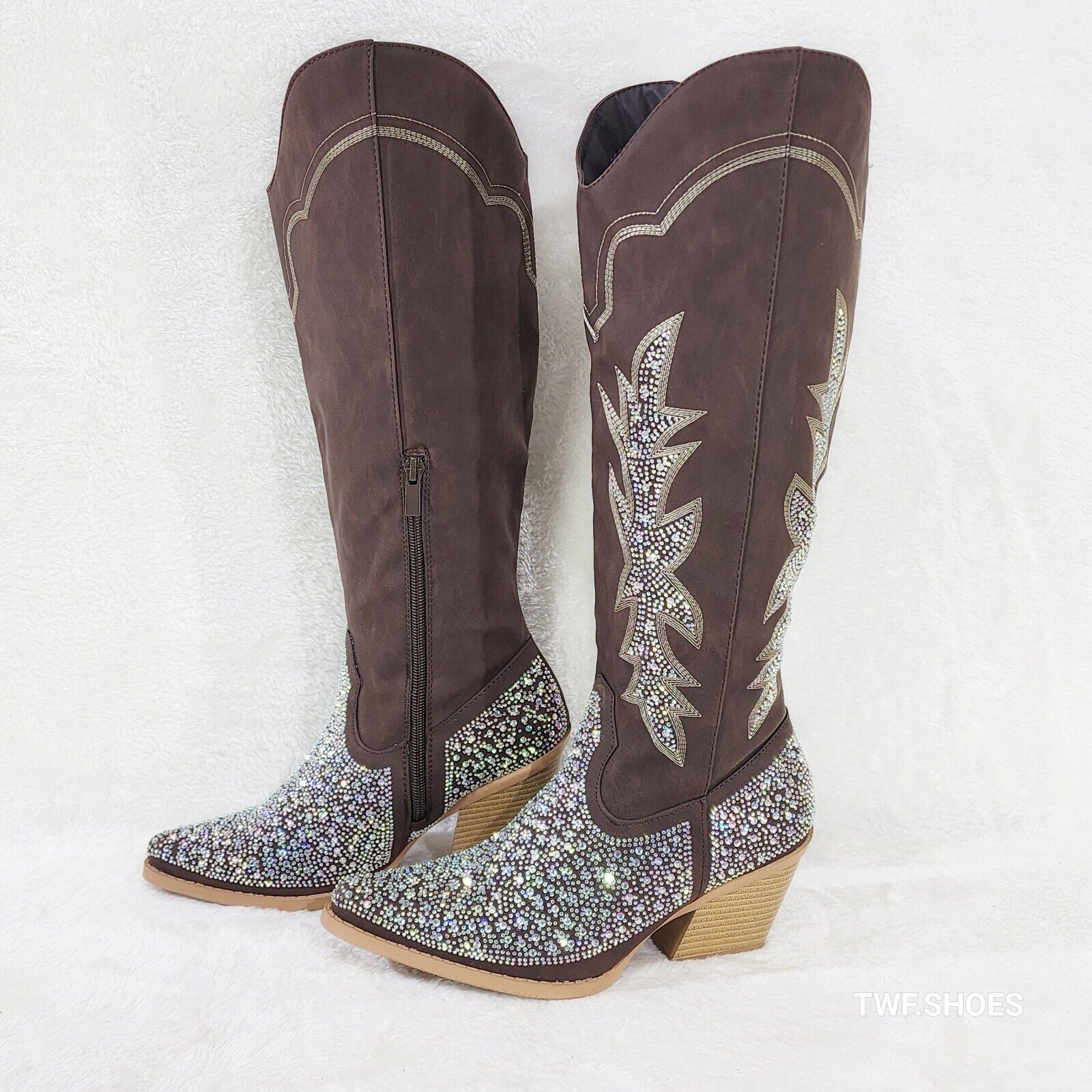 Annie Brown Leatherette With Rhinestones Country Glam Western Cowgirl Knee Boots - Totally Wicked Footwear