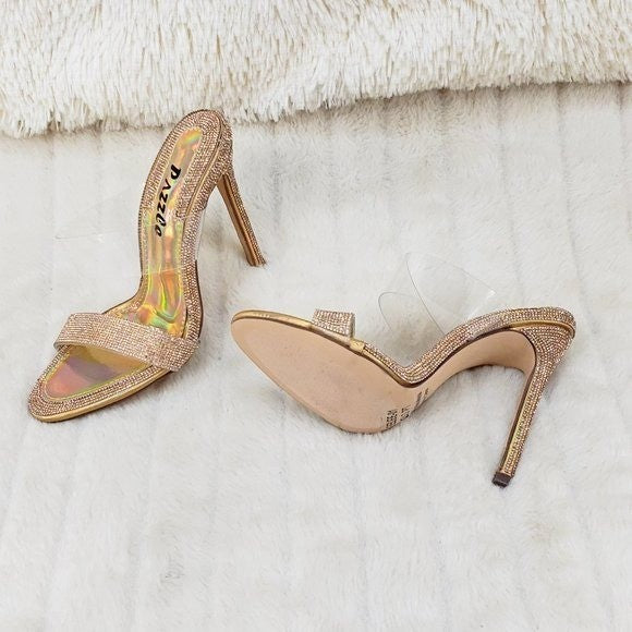 Lee Gold Rhinestone Slip On Double Strap High Heel Clog Mule Shoes