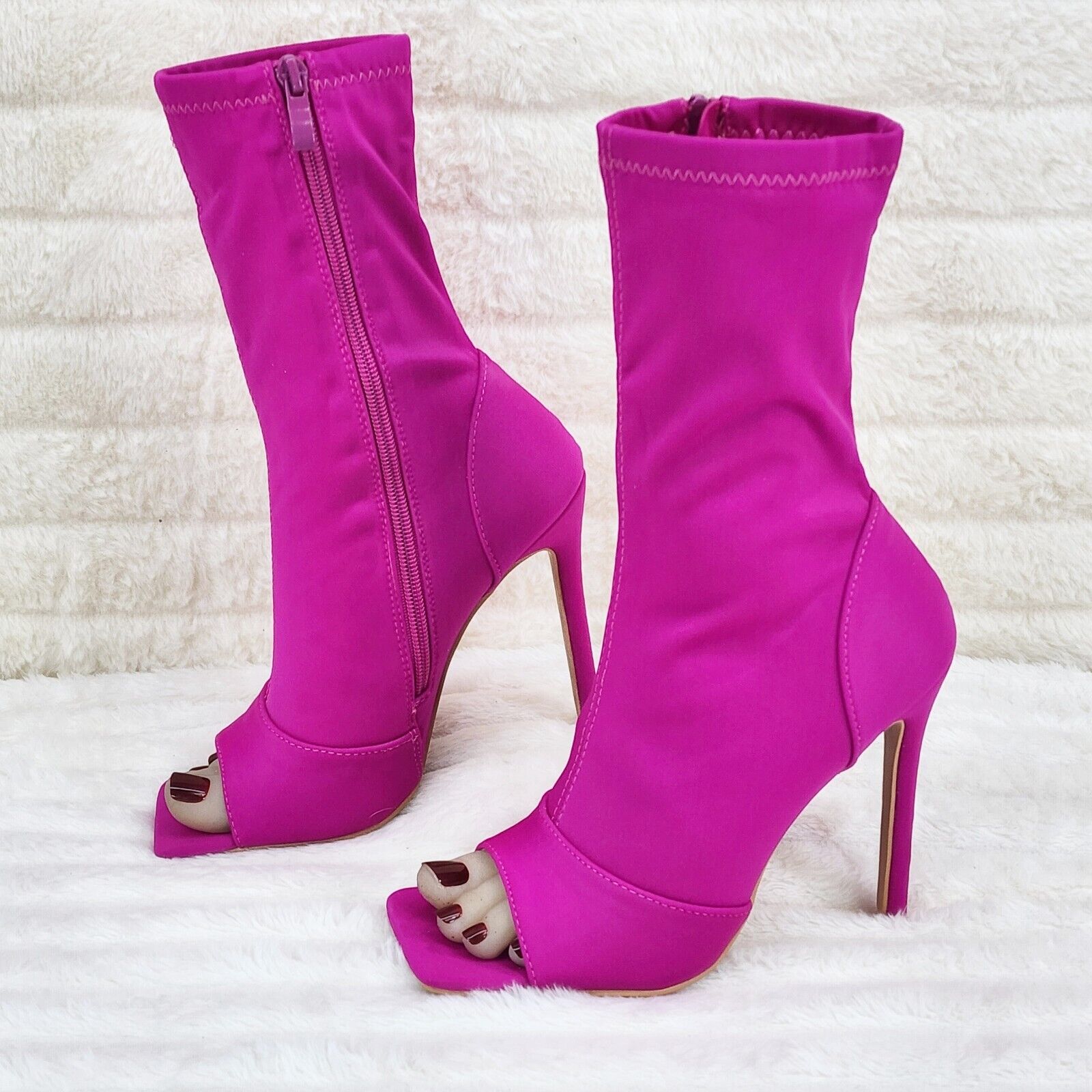 Bold Bright Fuchsia Pink Stretch Square Open Toe High Heel Ankle Boots - Totally Wicked Footwear