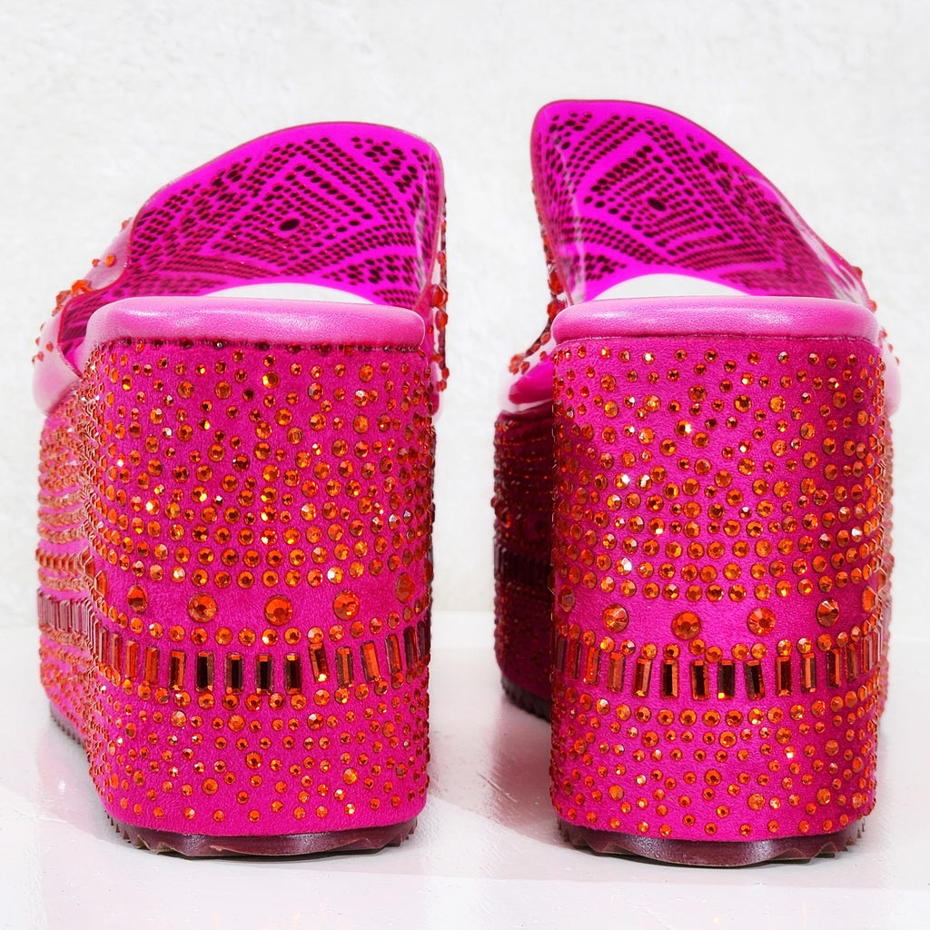 Dazzle Hot Pink Slip On 3" Platform Sparkling Rhinestone Flatform Sandals - Totally Wicked Footwear