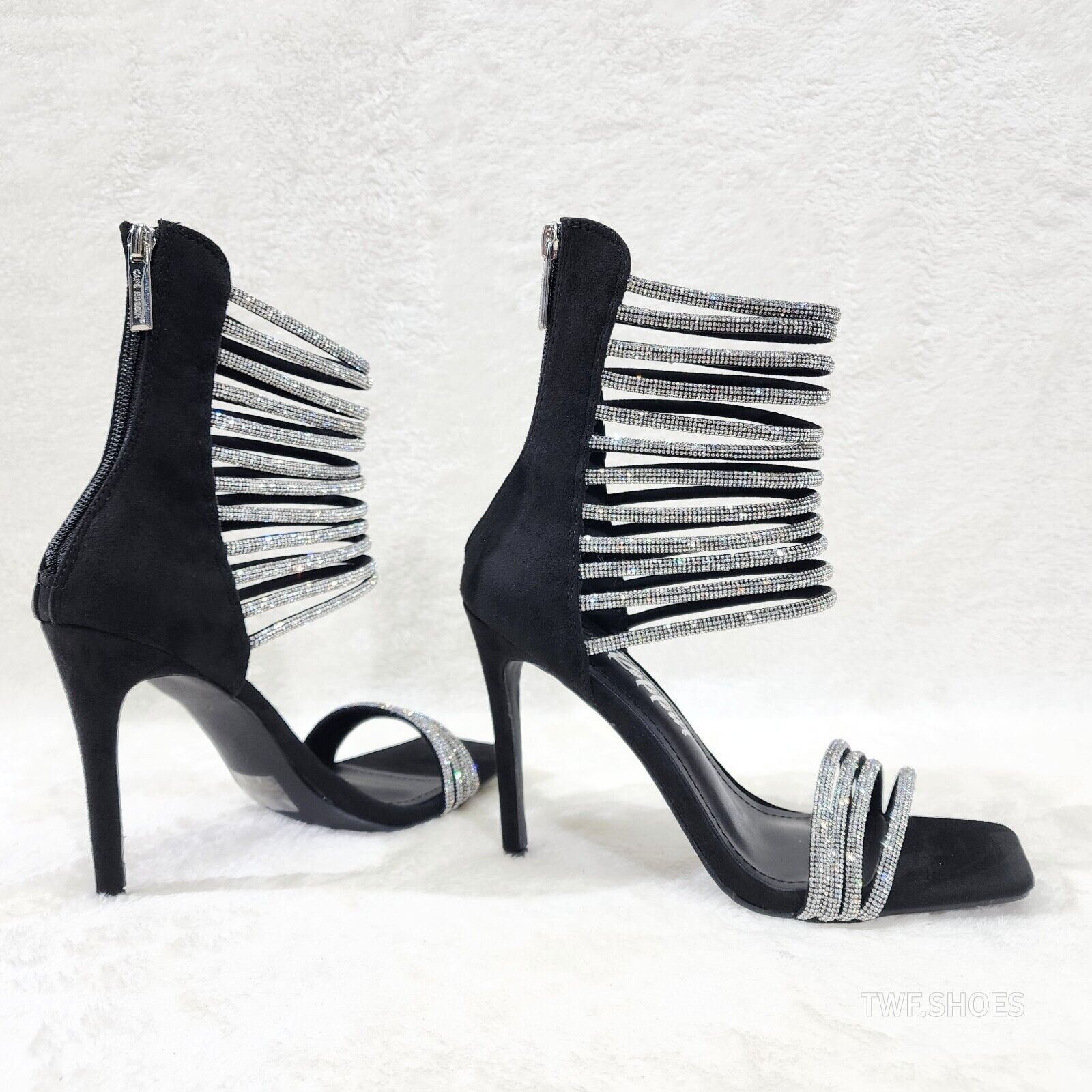 Sparked Closed Back Rhinestone Rope Strap Open Square Toe Evening Heels Shoes - Totally Wicked Footwear
