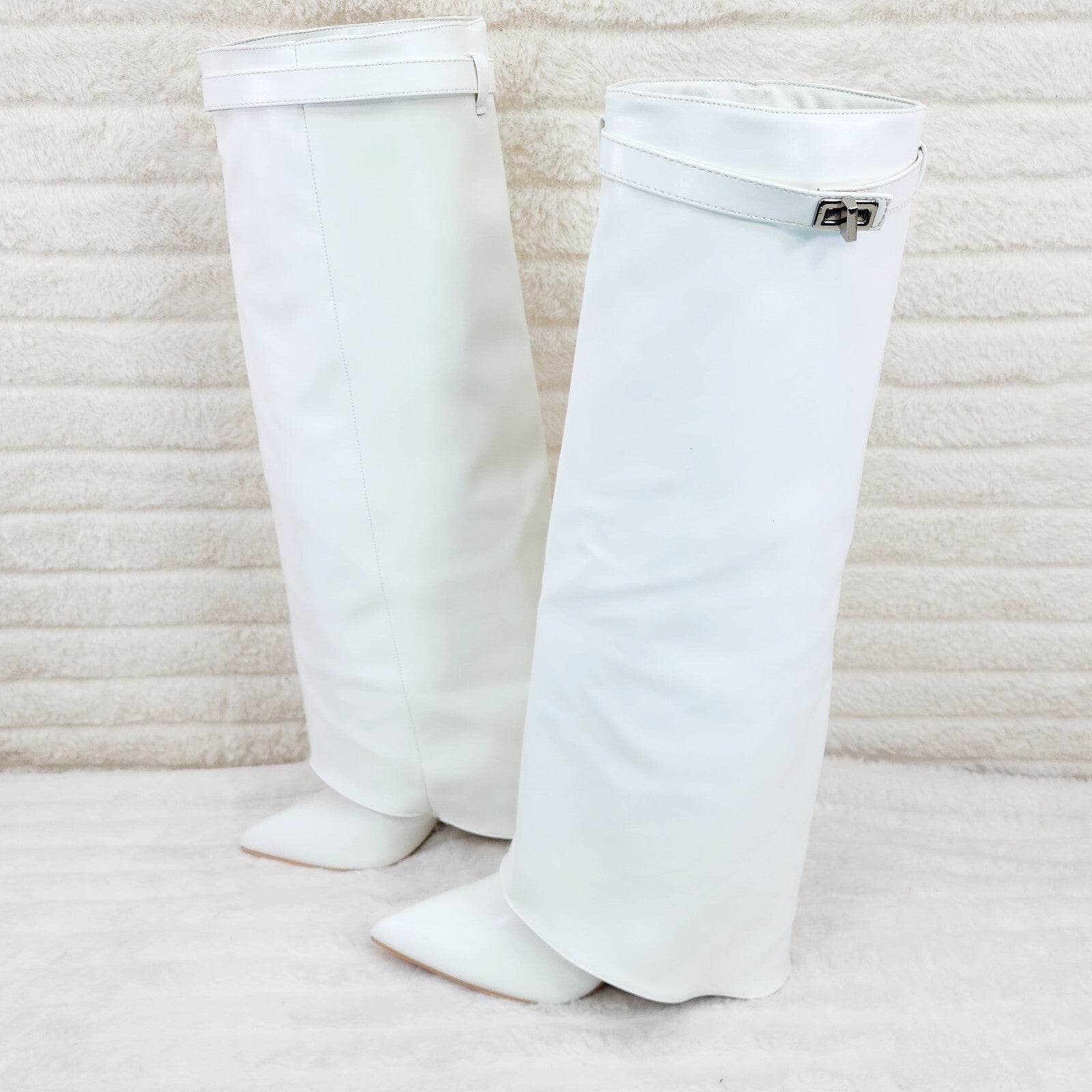 Paris White Skirted Fold Over 3.5" Block Heel Knee High Boots