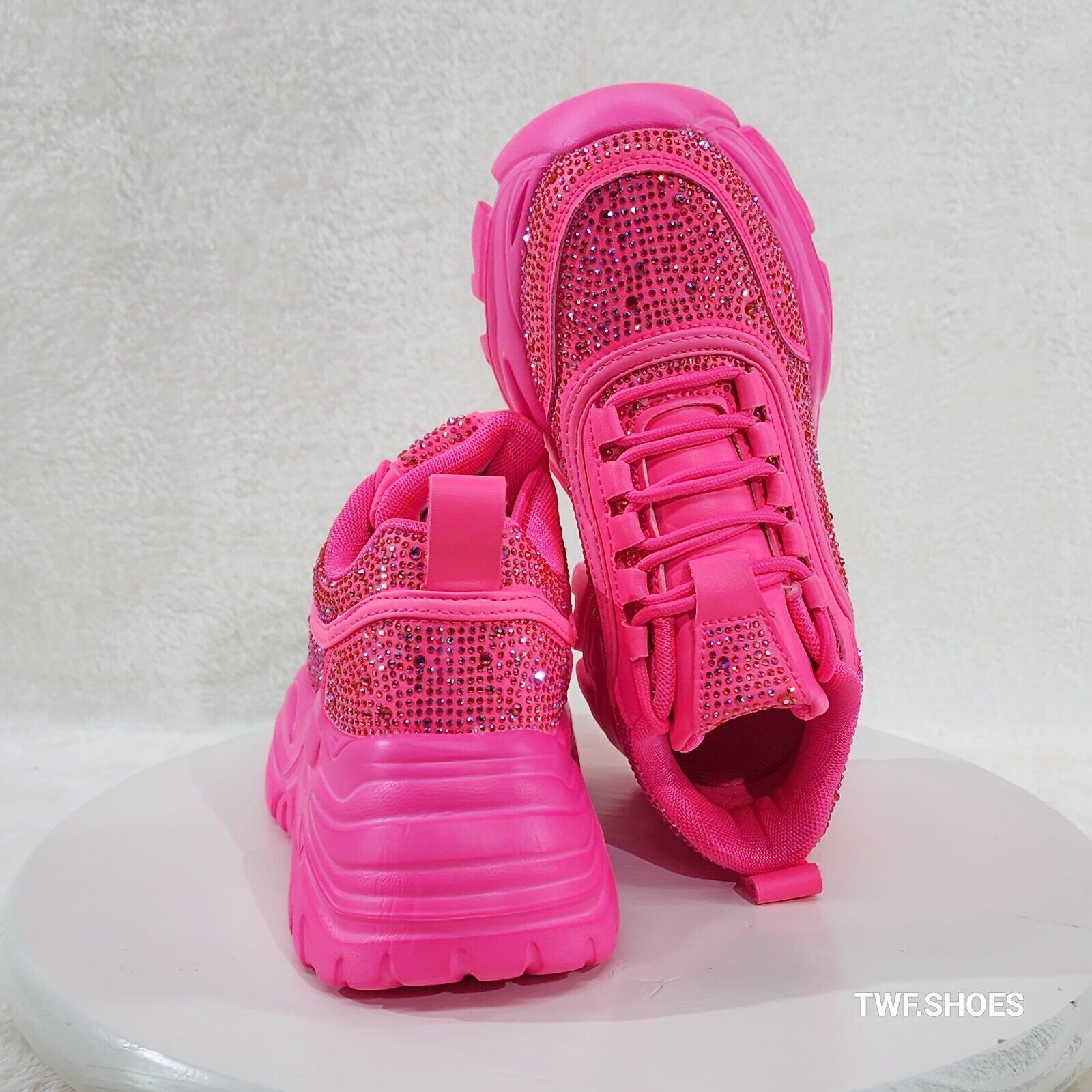 Cush Sport Rhinestone Comfy Platform Light Weight Sneakers Hot Pink - Totally Wicked Footwear