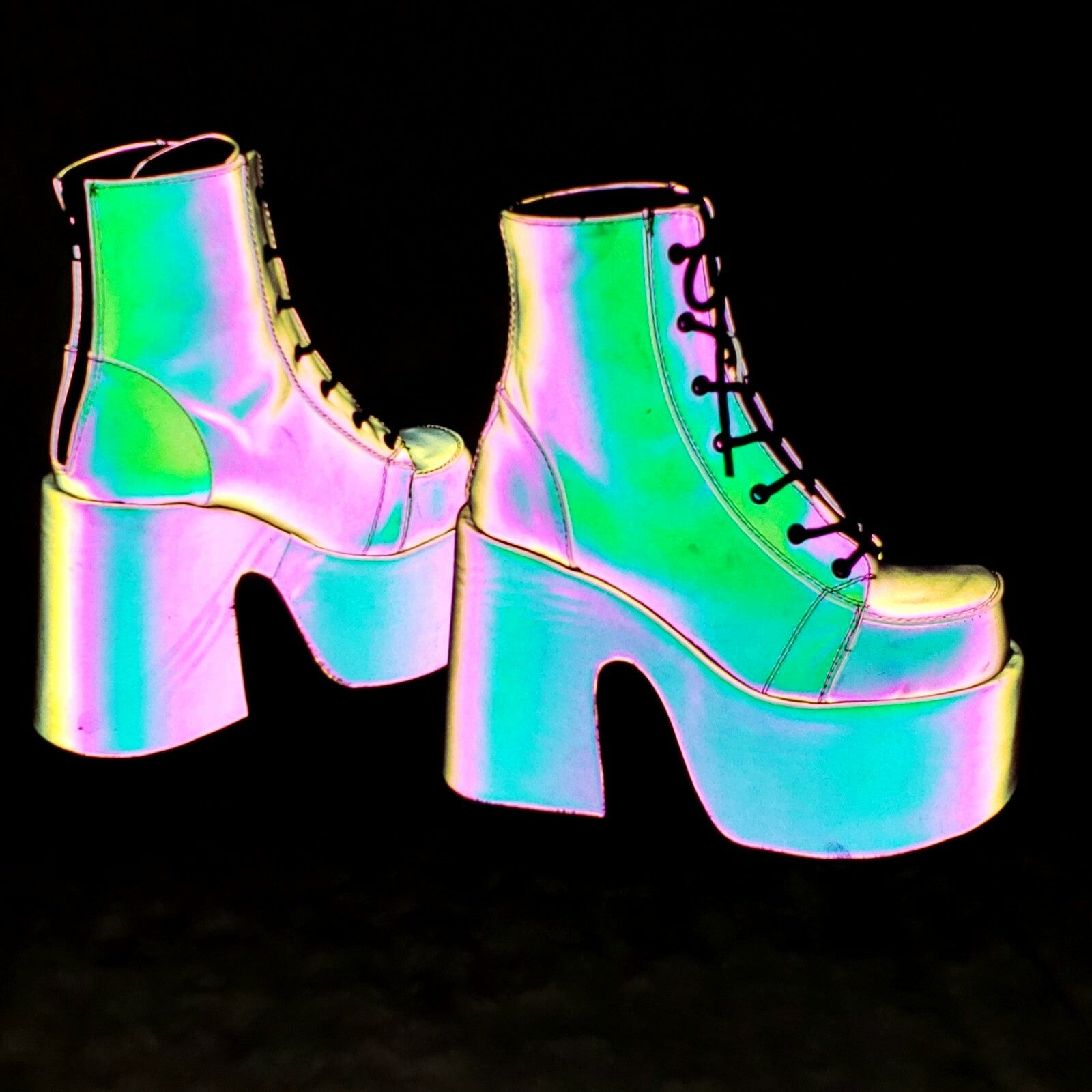 DEMONIA Camel 203 Purple Green Reflective Platform Goth Punk Ankle Boots NY