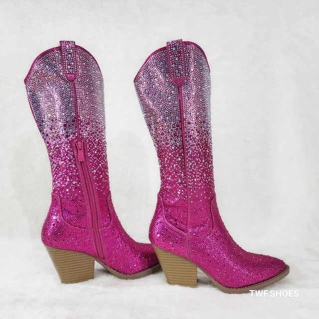 Wild One Glamour Cowboy Fuchsia Hot Pink / Silver Ombre Rhinestone Cowgirl Boots - Totally Wicked Footwear