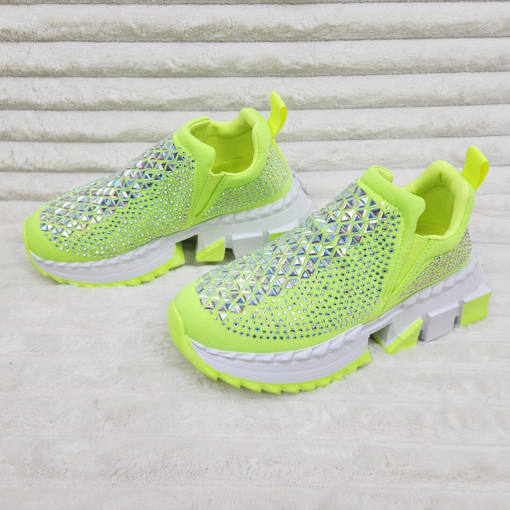 Presto Light Weight Slip on Neon Yellow Rhinestone Sneakers - Running Shoes - Totally Wicked Footwear