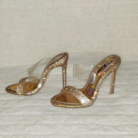 Lee Gold Rhinestone Slip On Double Strap High Heel Clog Mule Shoes