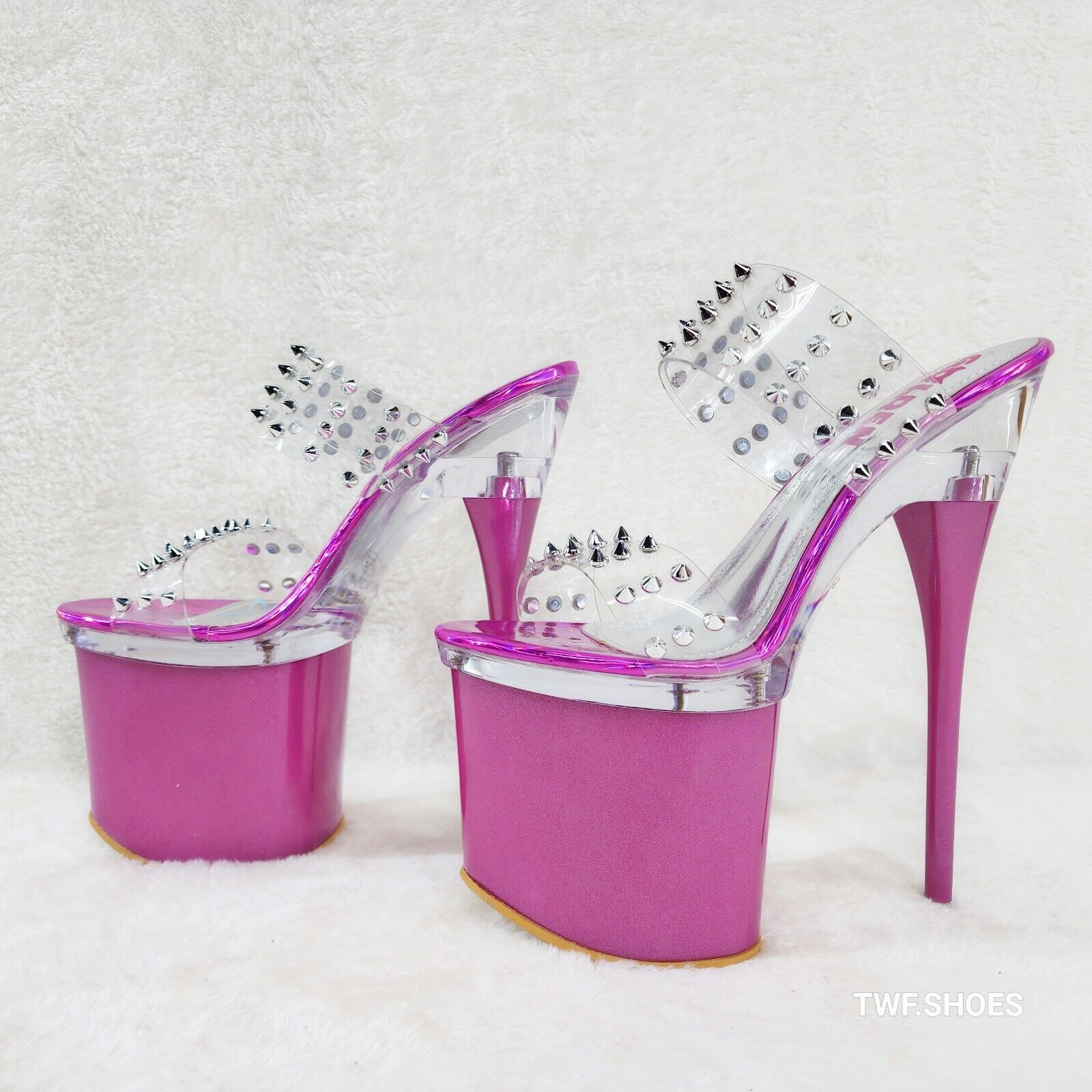 Bulls Sleek Slim 8" Towering Platform Heels Purple Double Clear Spiked Straps Sl - Totally Wicked Footwear