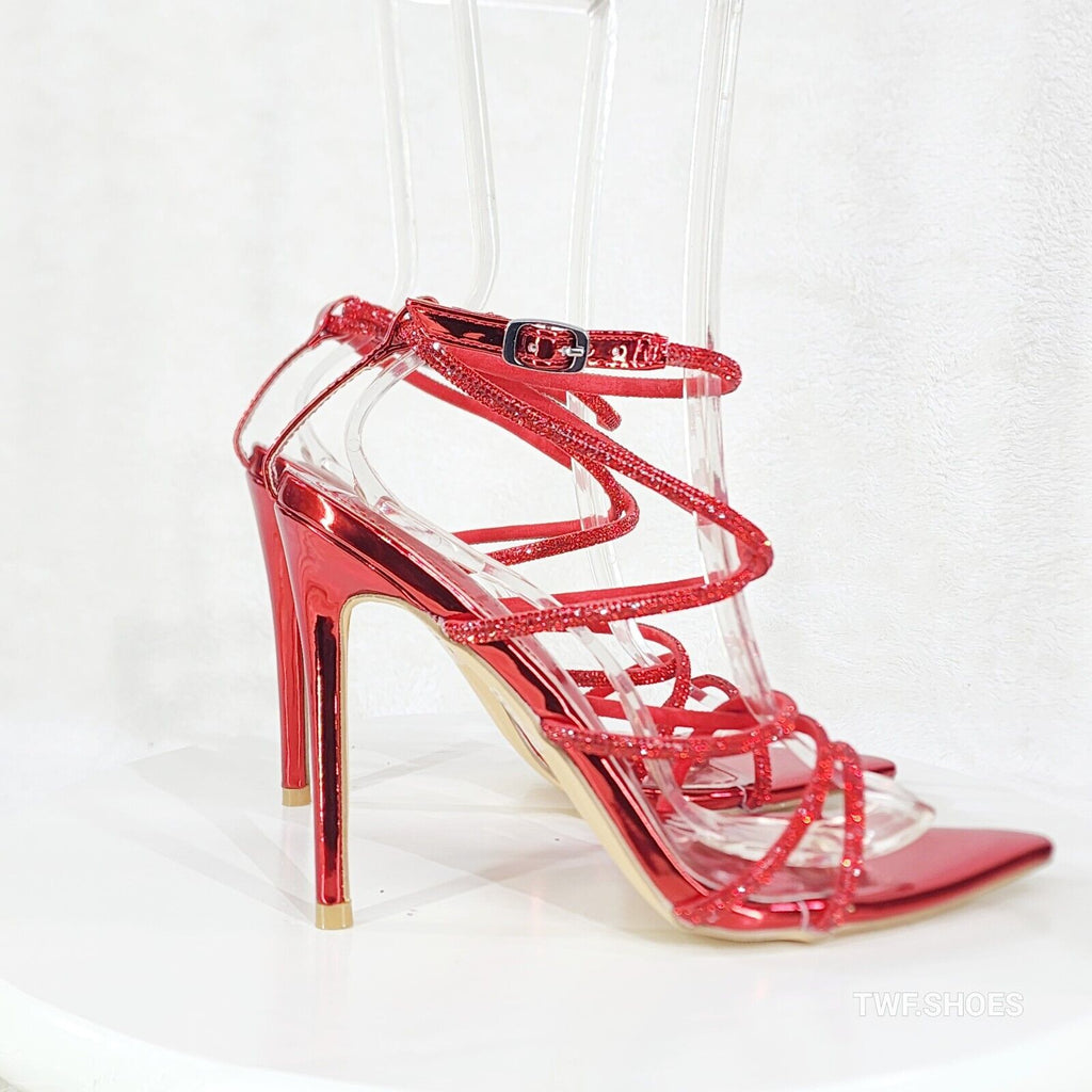 Party Town Red Metallic Strappy Rhinestone Pointy Toe High Heels