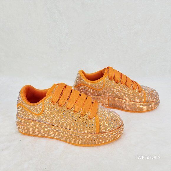 Dazzle Cush Orange Rhinestone Comfy Platform Sneakers Tennis Shoes - Totally Wicked Footwear