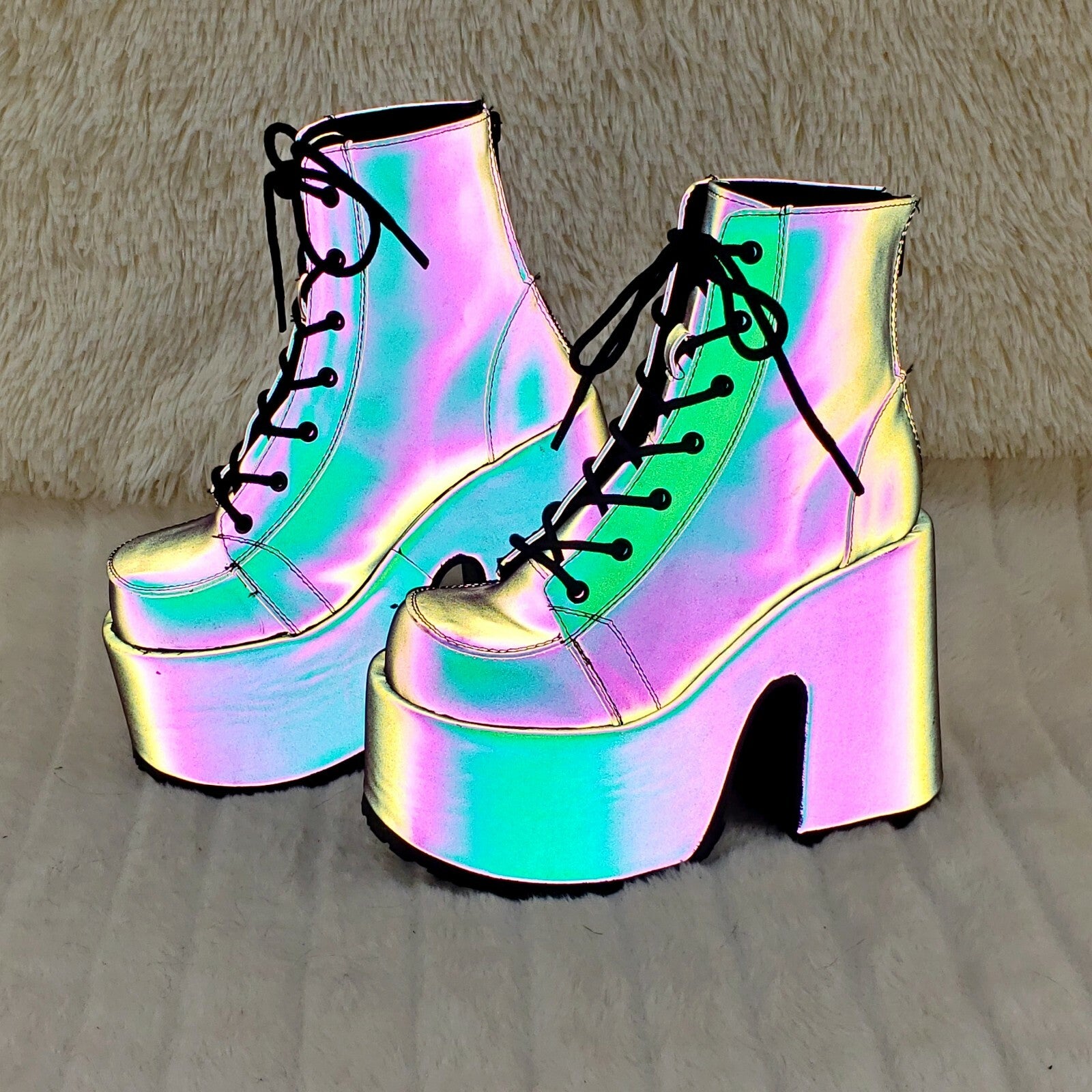 DEMONIA Camel 203 Purple Green Reflective Platform Goth Punk Ankle Boots NY