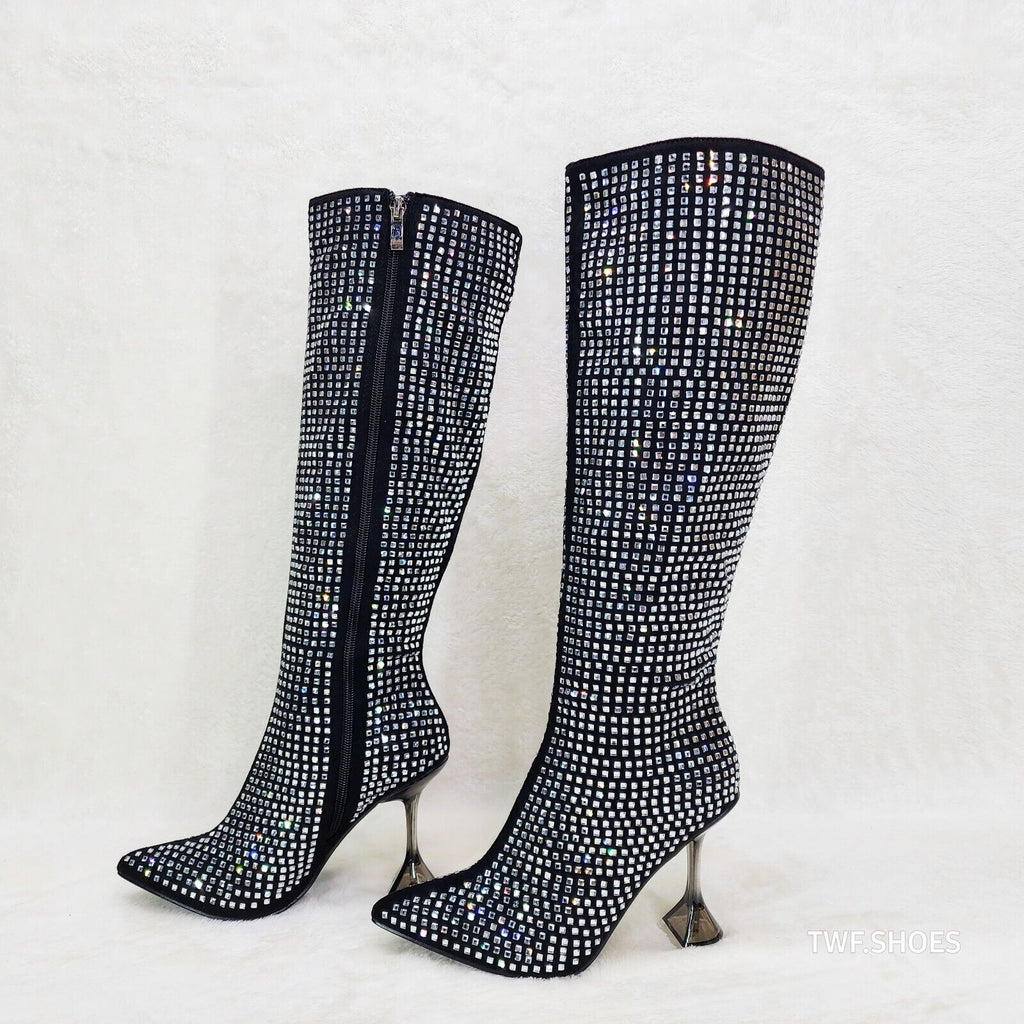Glamour Shot Mirrored Rhinestone Tinted 4" Pyramid Heel Knee Boots Black - Totally Wicked Footwear