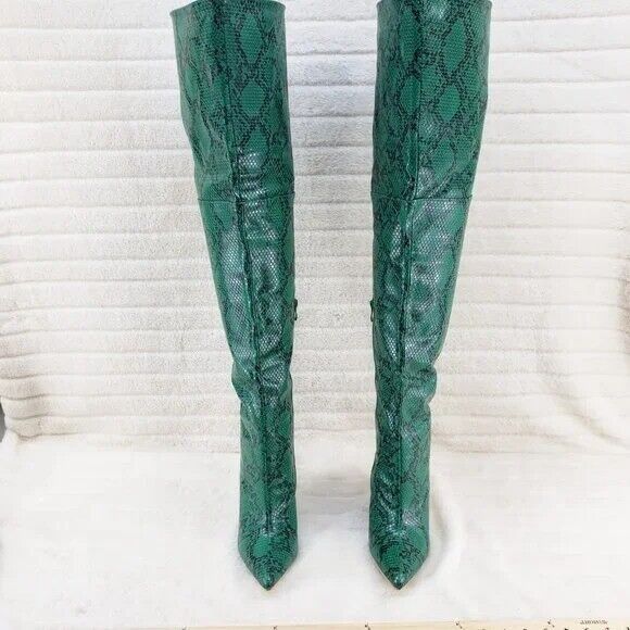 Brand New Bad Girlz Green Snake Wide Top Thigh High Heel Boots