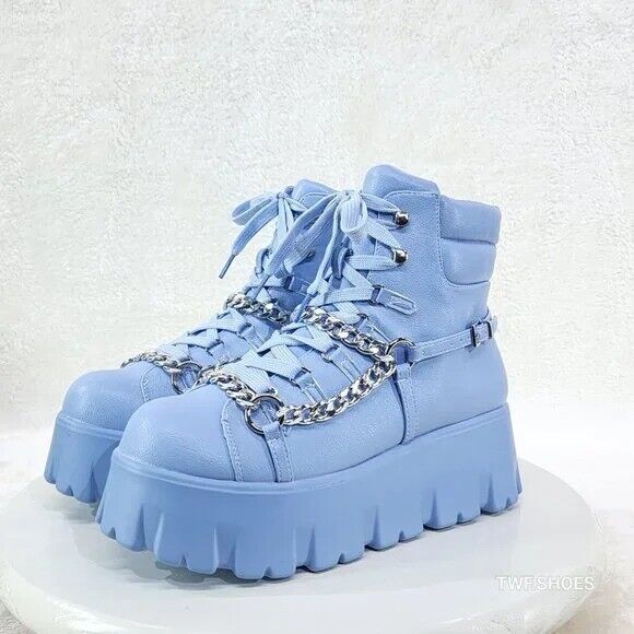 Emo Stomp 2" Platform Stomper Ankle Boots With Chain Design Baby Blue