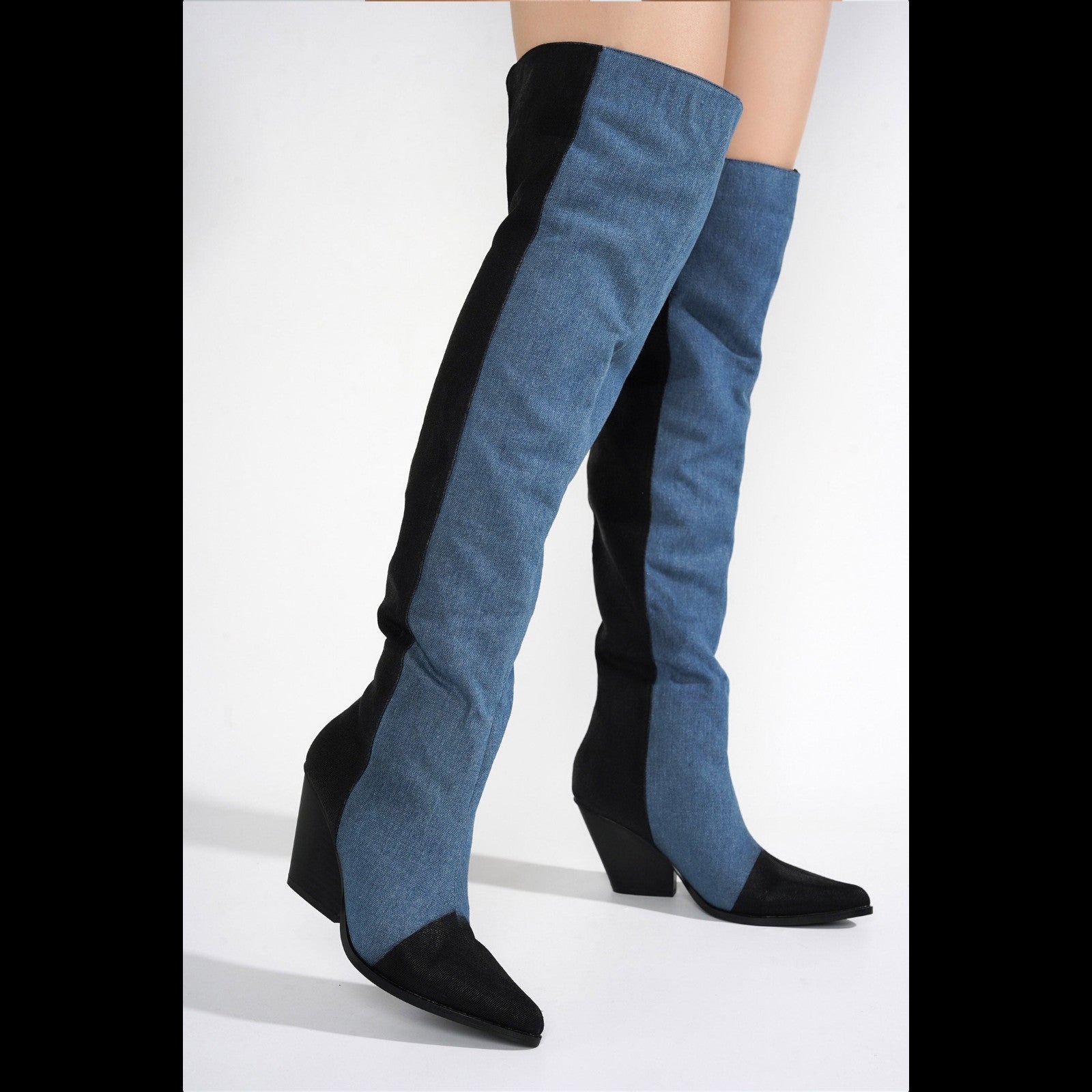 Iowa Denim 2 Tone Western Cowgirl Pull On Thigh High Boots