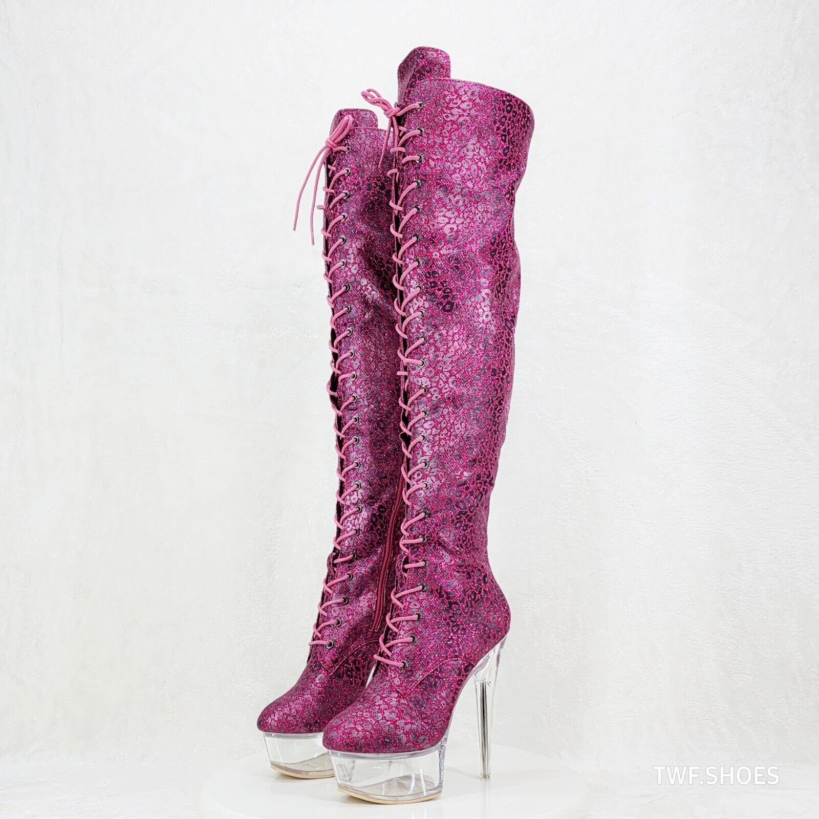 Bulls Purple Glitter Leopard Print OTK Clear Platform High Heel Thigh Boots - Totally Wicked Footwear