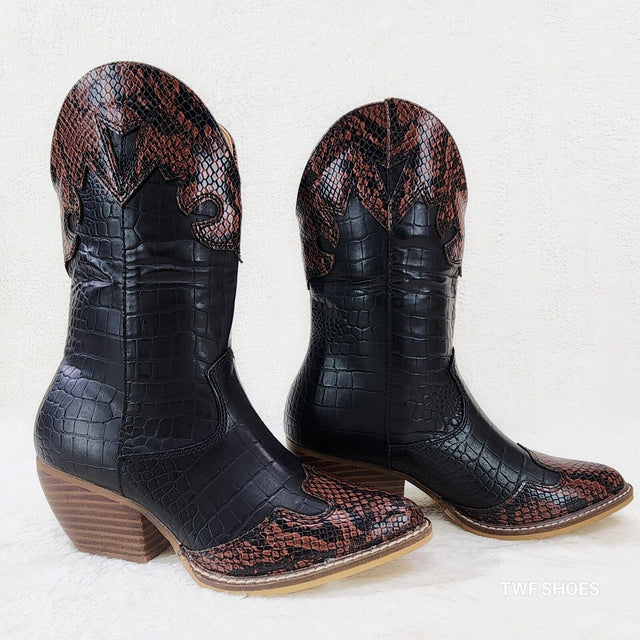 Snake Bite Black Western Reptile Cowboy Pull On Country Cowgirl Boots - Totally Wicked Footwear