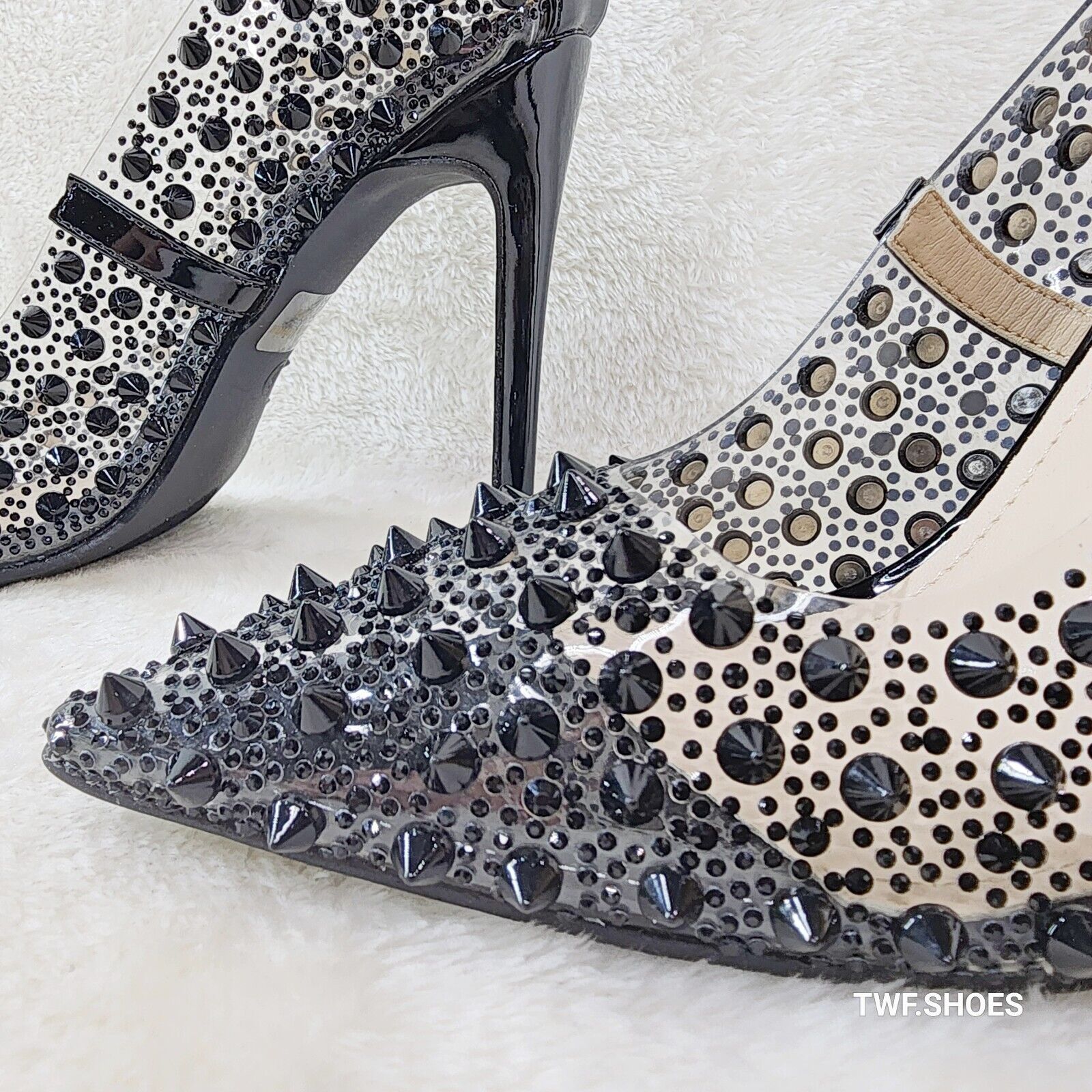 Spicy Stiletto PVC Clear Pumps Black Studs & Rhinestone Pumps Stiletto Heels - Totally Wicked Footwear