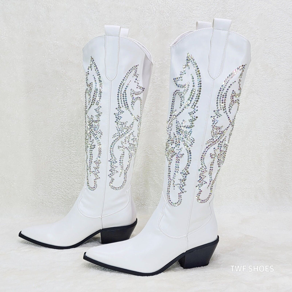 Razzle White Country Western Cowgirl Knee Boots Rhinestone Dazzle - Totally Wicked Footwear