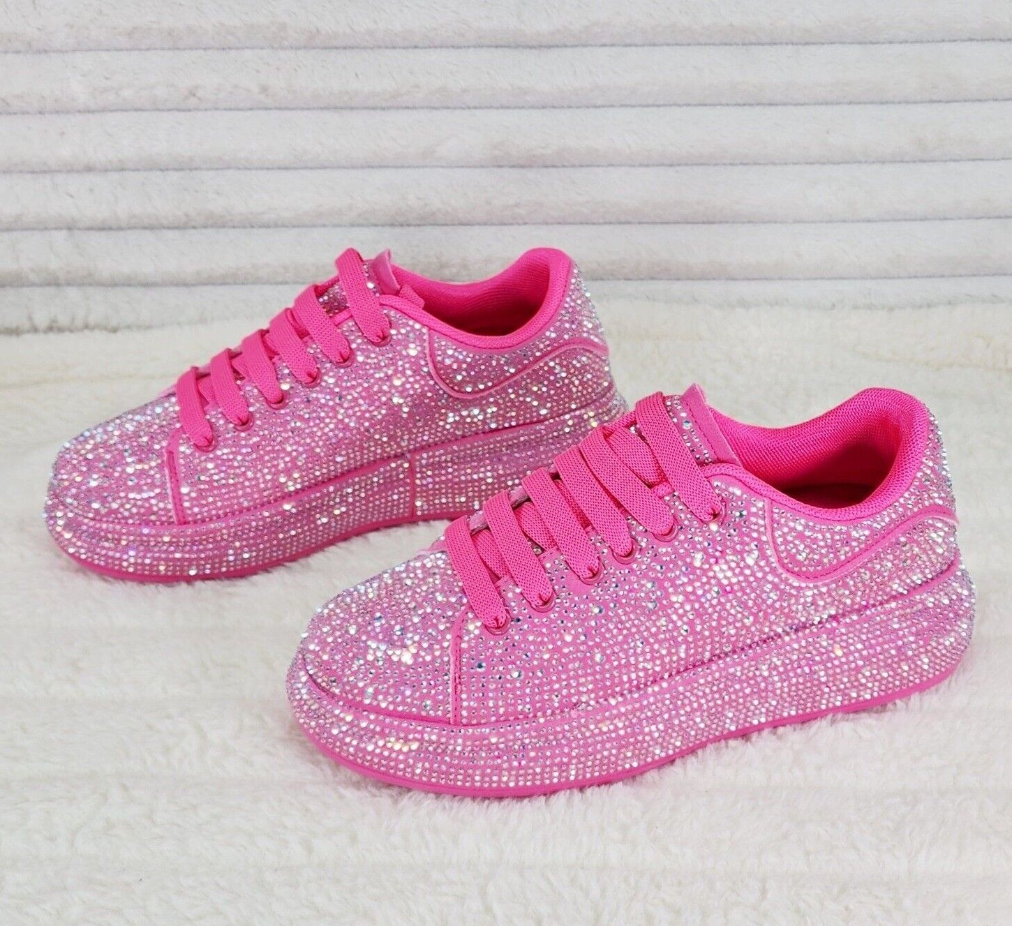 Dazzle Cush Bright Hot Pink Neon Rhinestone Comfy Platform Sneakers Tennis Shoes - Totally Wicked Footwear