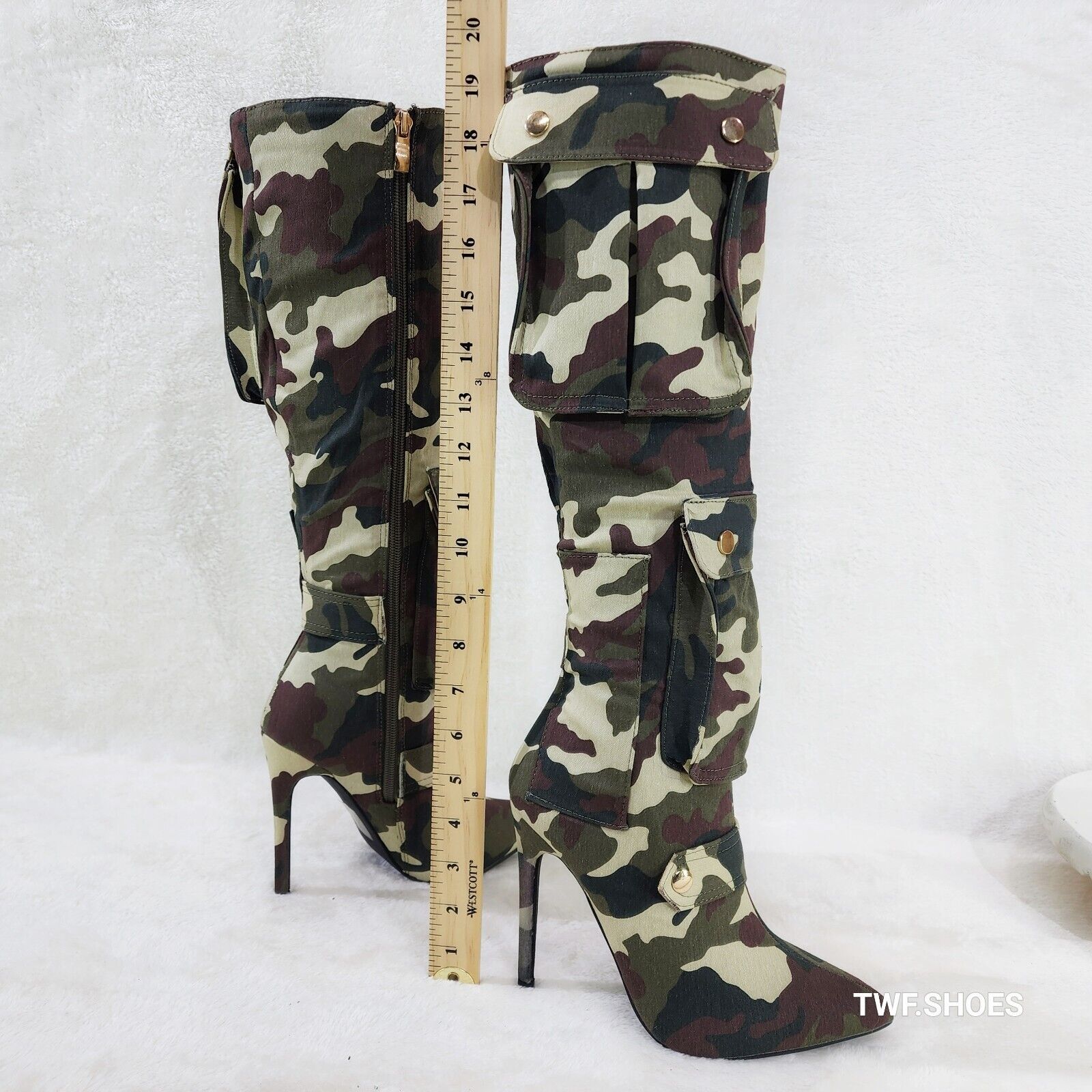 Army Girlz Canvas Camouflage Camo Cargo Knee High Stiletto Heel Boots - Totally Wicked Footwear