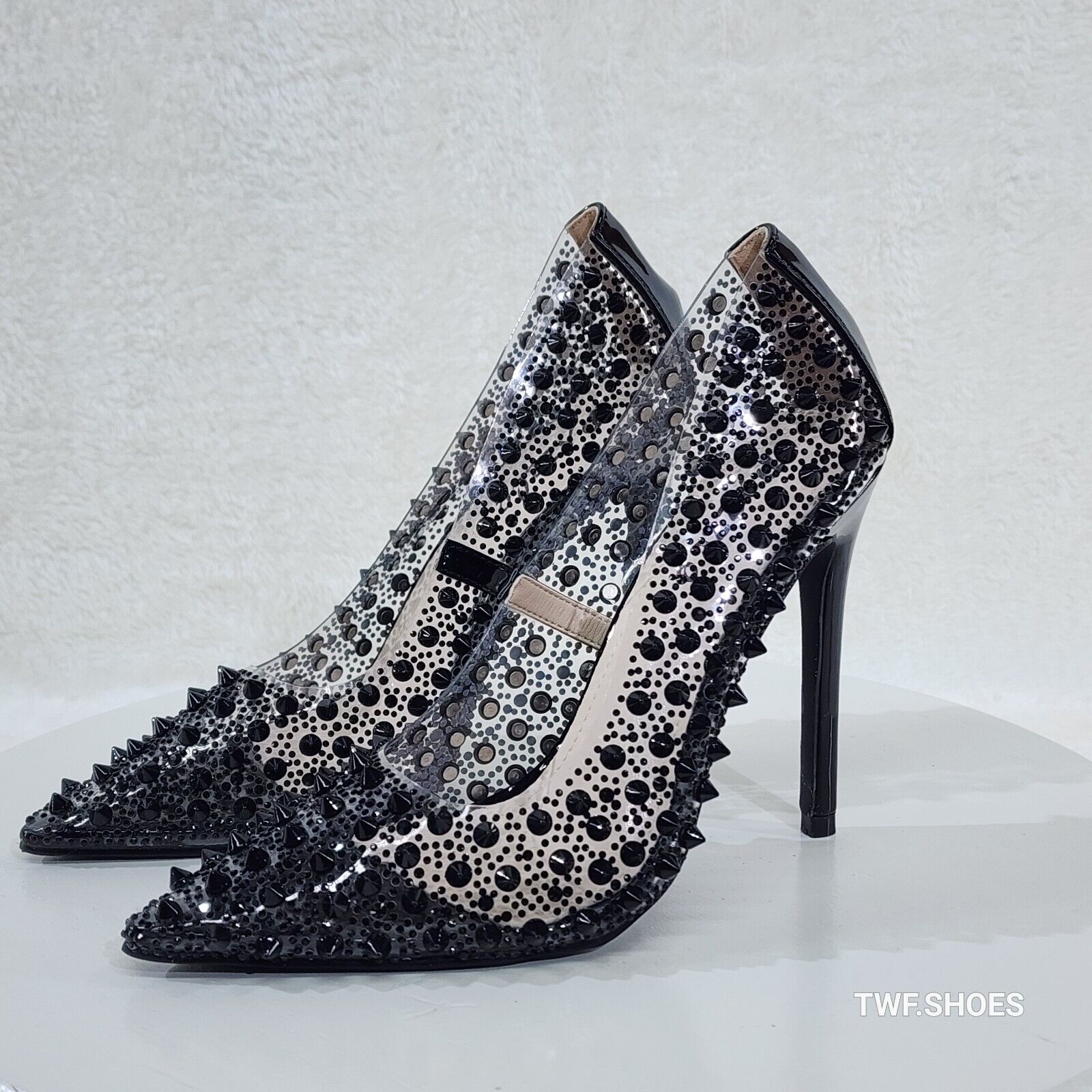 Spicy Stiletto PVC Clear Pumps Black Studs & Rhinestone Pumps Stiletto Heels - Totally Wicked Footwear