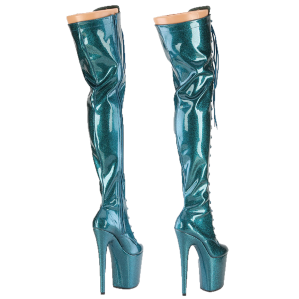 3020 Teal Glitter Patent 3020 Lace Up Thigh High Platform Boots Flamingo 8" Heel - Totally Wicked Footwear