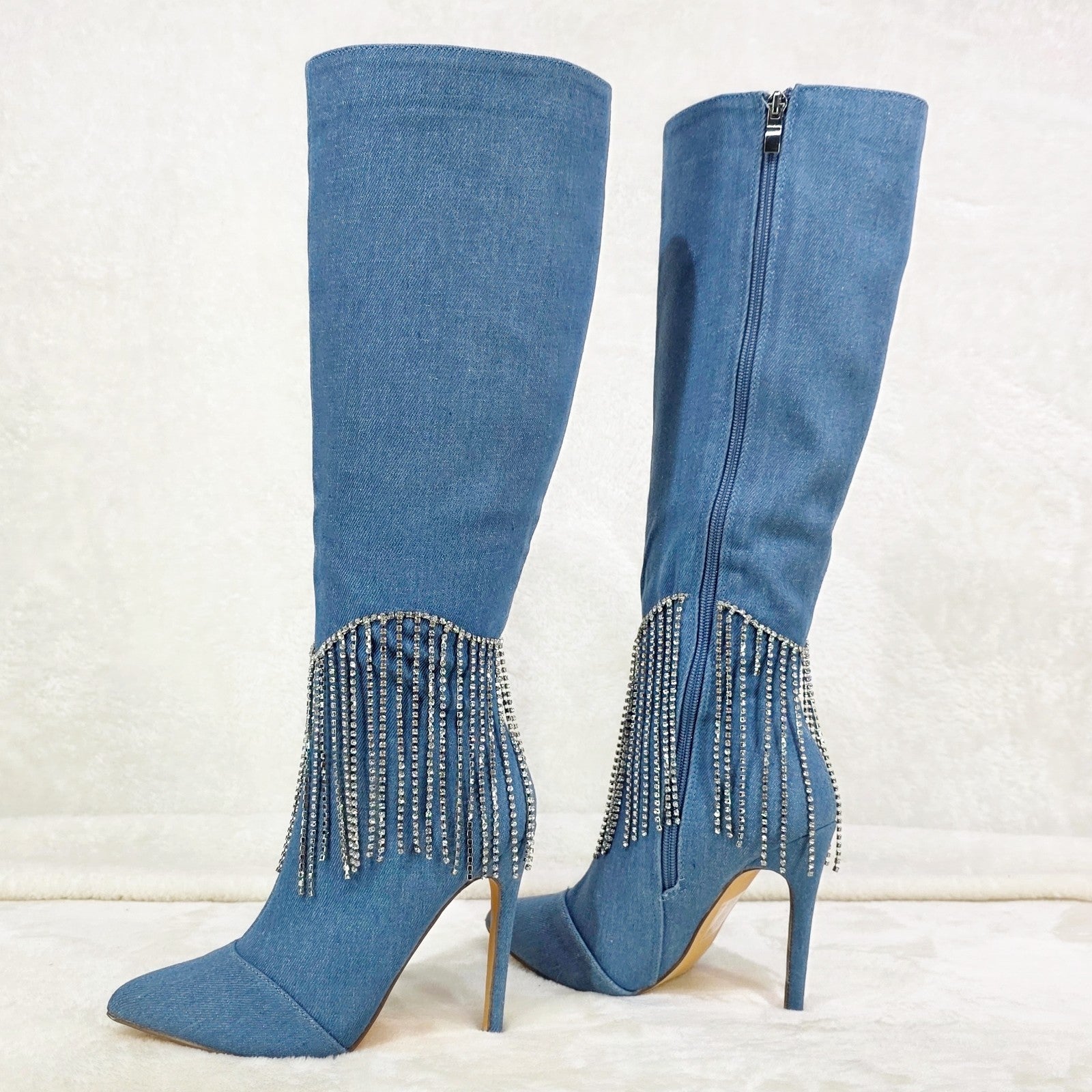 Sway Denim Knee High Boots Stiletto Heels Icicle Fringe
