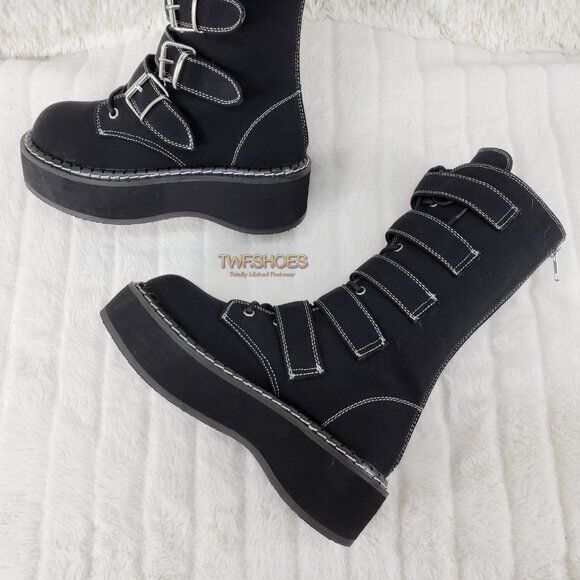 Emily 341 Black Canvas 2" Platform Mid Calf Combat Boots NY DEMONIA - Totally Wicked Footwear