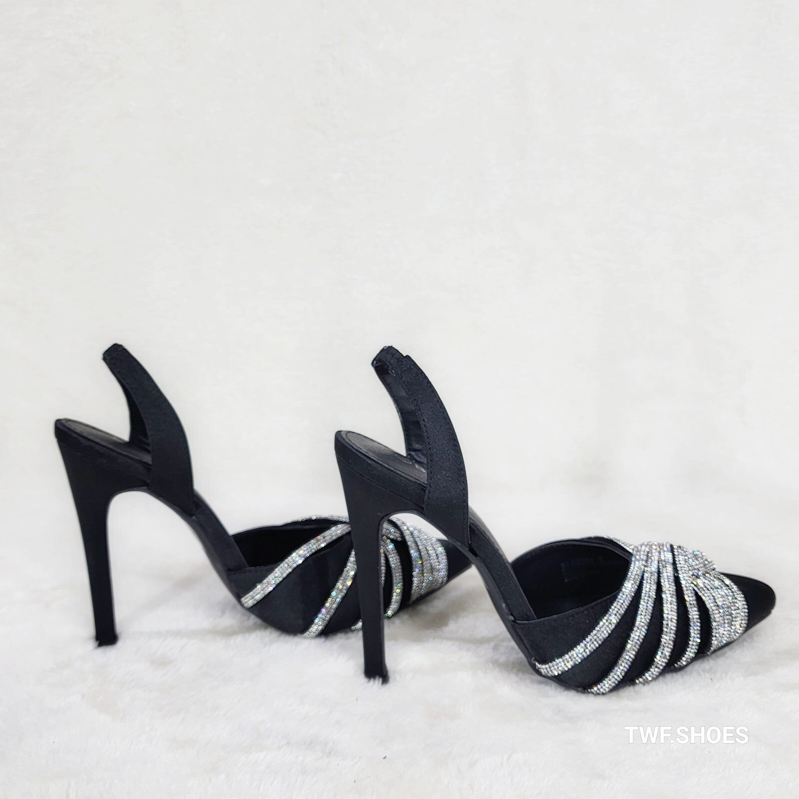 Elegance Slip on Slingback Black Satin Rhinestone Pointy Toe High Heels Shoes