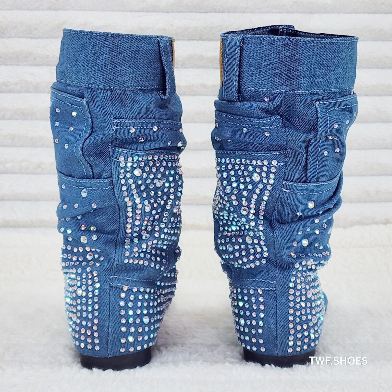 Perplex Denim & Rhinestones Sandal Slouch Boots Shooties - Totally Wicked Footwear