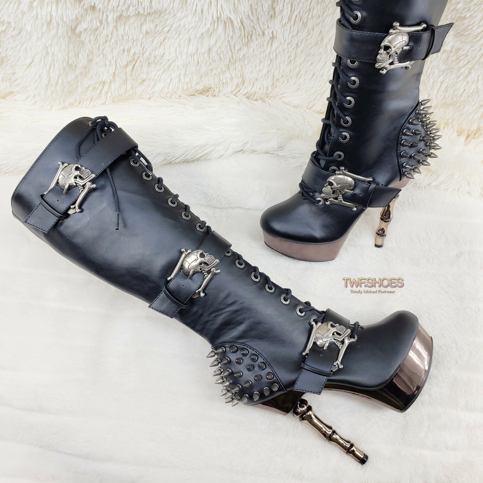 DEMONIA Muerto Chrome Bone High Heel Spiked Skull Buckle Lace Up Knee Boots