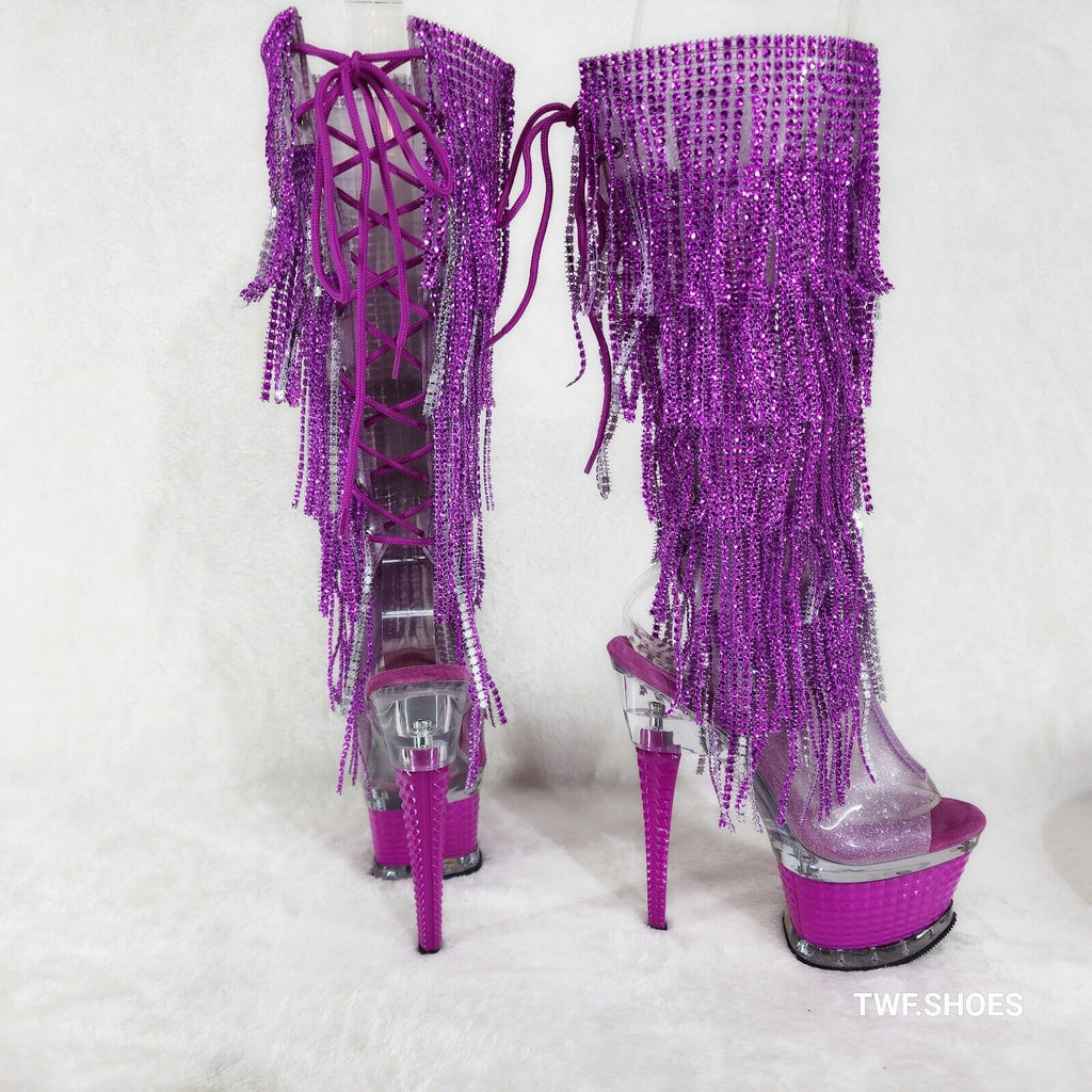 Illusion Fuchsia Pink Textured Platform Fringe High Heel Open Toe Knee Boots