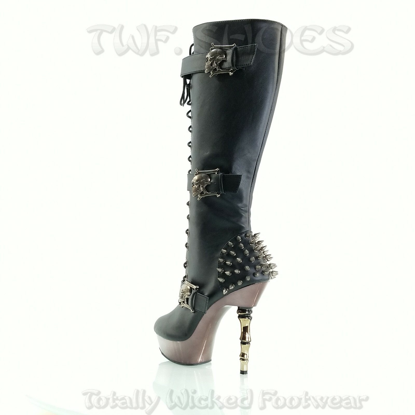 DEMONIA Muerto Chrome Bone High Heel Spiked Skull Buckle Lace Up Knee Boots