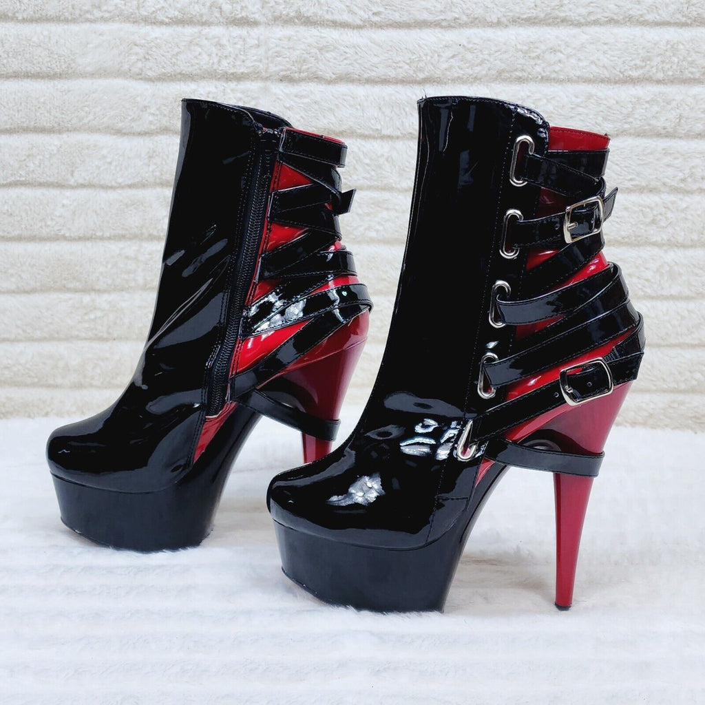Delight 1012 Black / Red Buckle Strap 6" High Heels Platform Ankle Boots NY - Totally Wicked Footwear