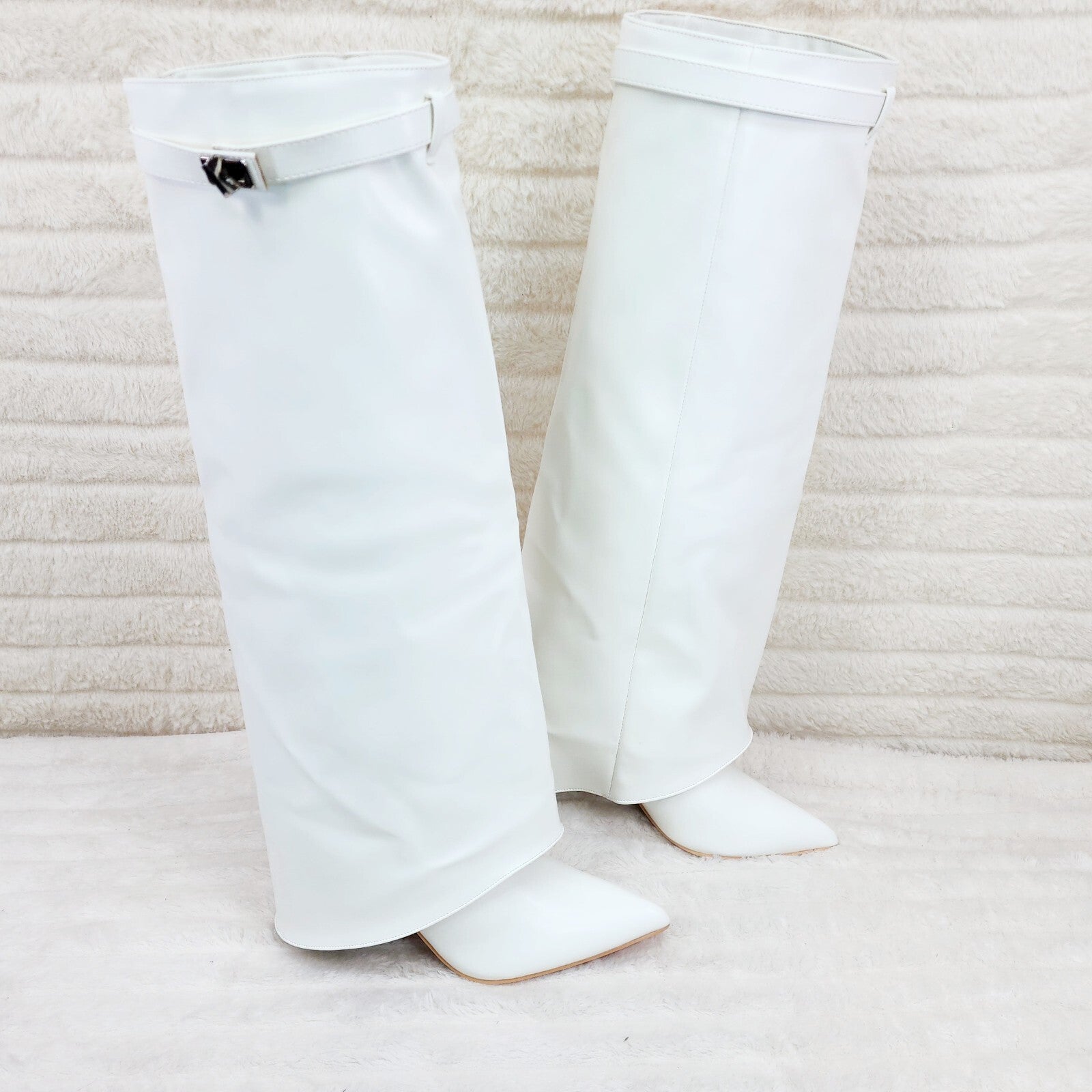 Paris White Skirted Fold Over 3.5" Block Heel Knee High Boots