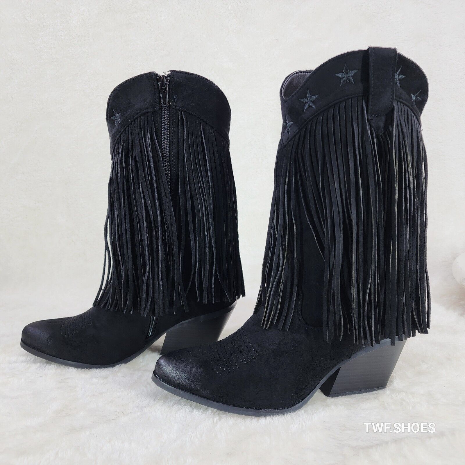 Dusty Trails Mid Calf Jet Black Fringe Country Western Cowgirl Boots - Totally Wicked Footwear