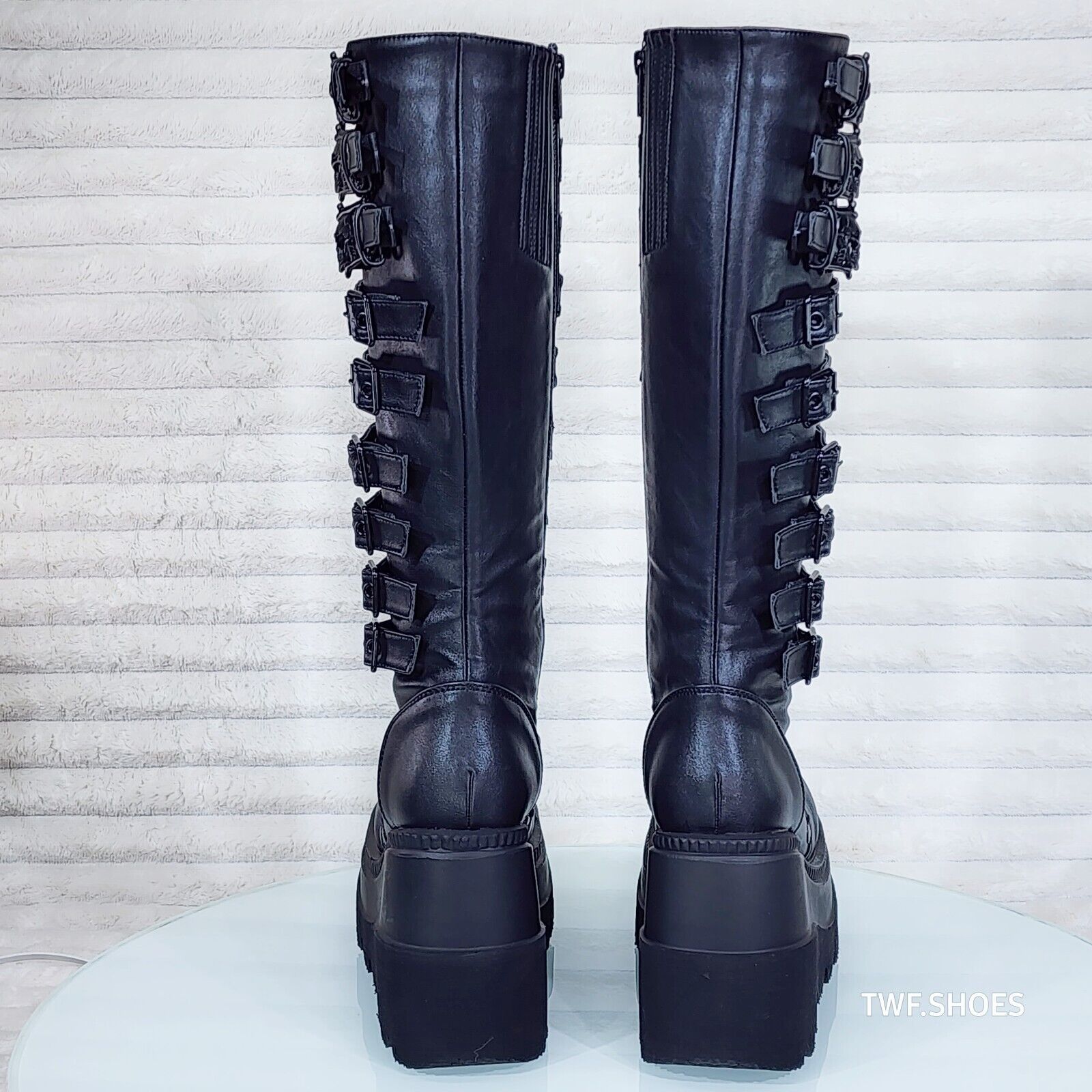 Shaker Black Matte Platform 4.5" Wedge Heel Skull Buckle Knee Boots NY DEMONIA - Totally Wicked Footwear