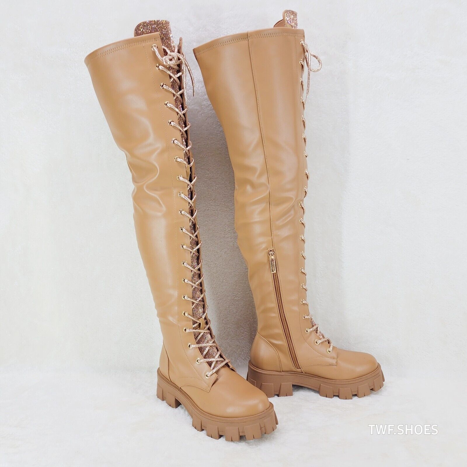 Roscoe Rose Gold Tan Combat Thigh High Boots Rose Gold Rhinestone Tongue - Totally Wicked Footwear