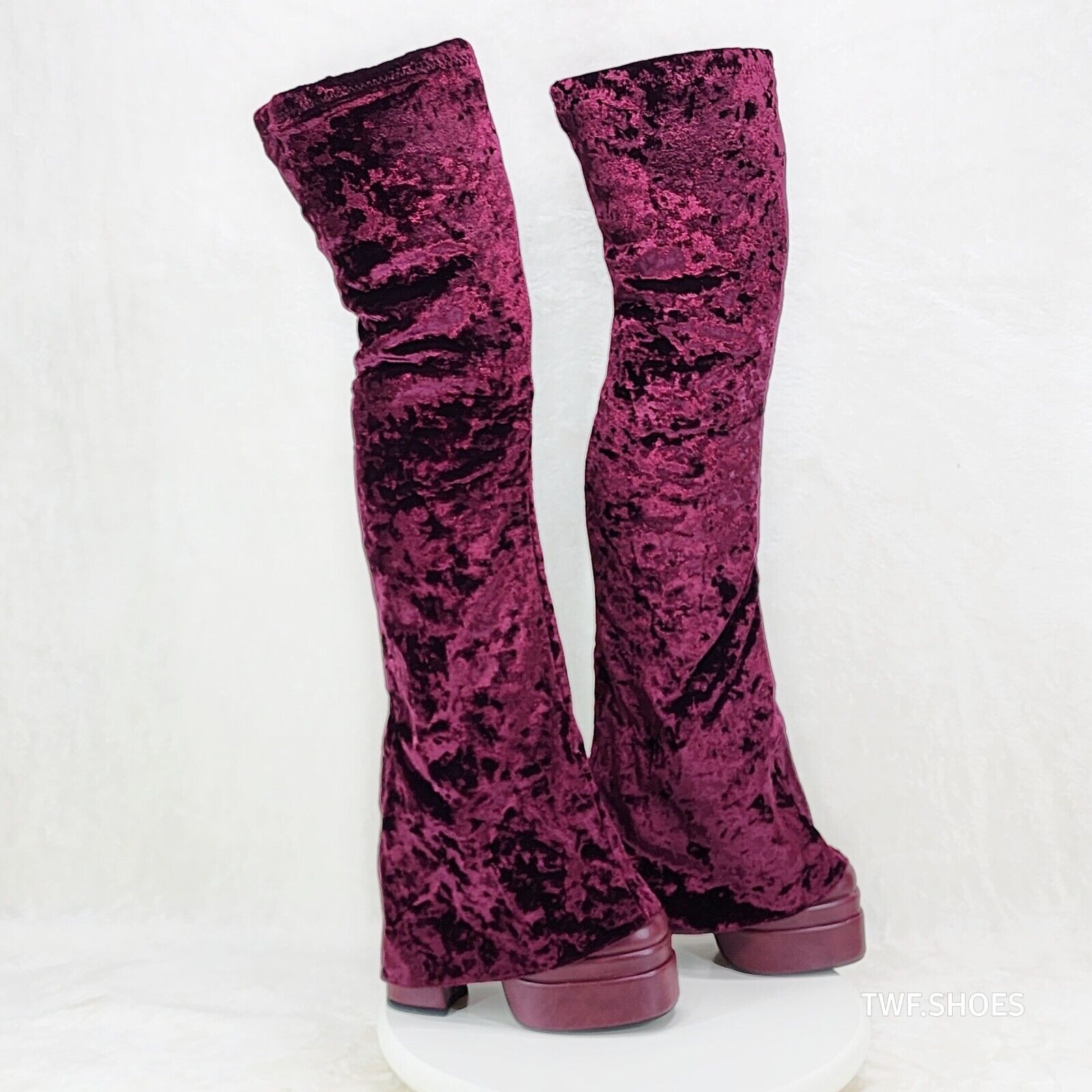 Unique Thigh High Wine Red Velvet Fold over Skirted Chunky Heel Platform Boots - Totally Wicked Footwear