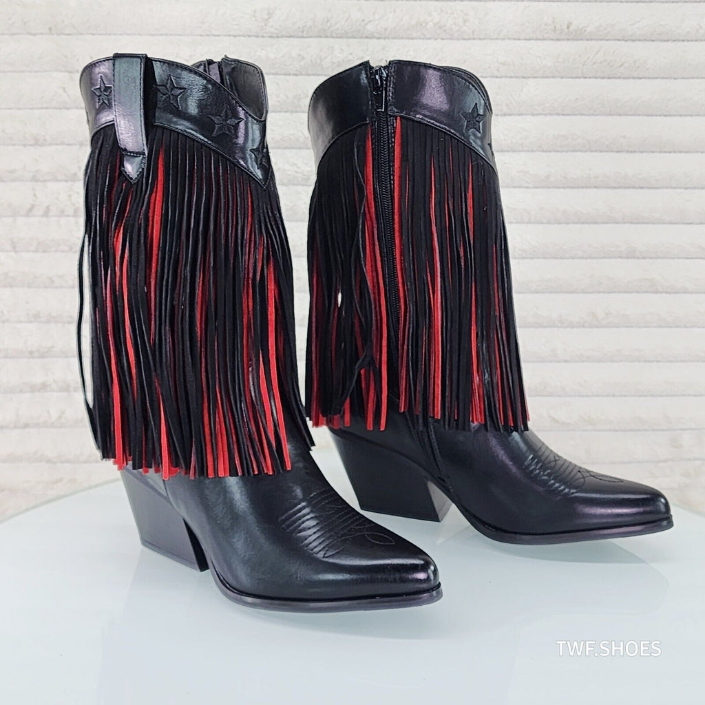 Country Swing Black and Red Fringe Western Cowgirl Boots Tuck Zipper - Totally Wicked Footwear