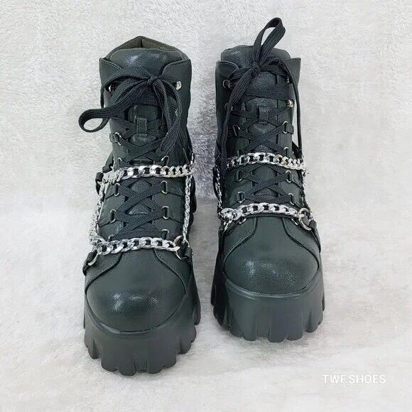 Emo Stomp 2" Platform Stomper Ankle Boots With Chain Design Faux Leather Green