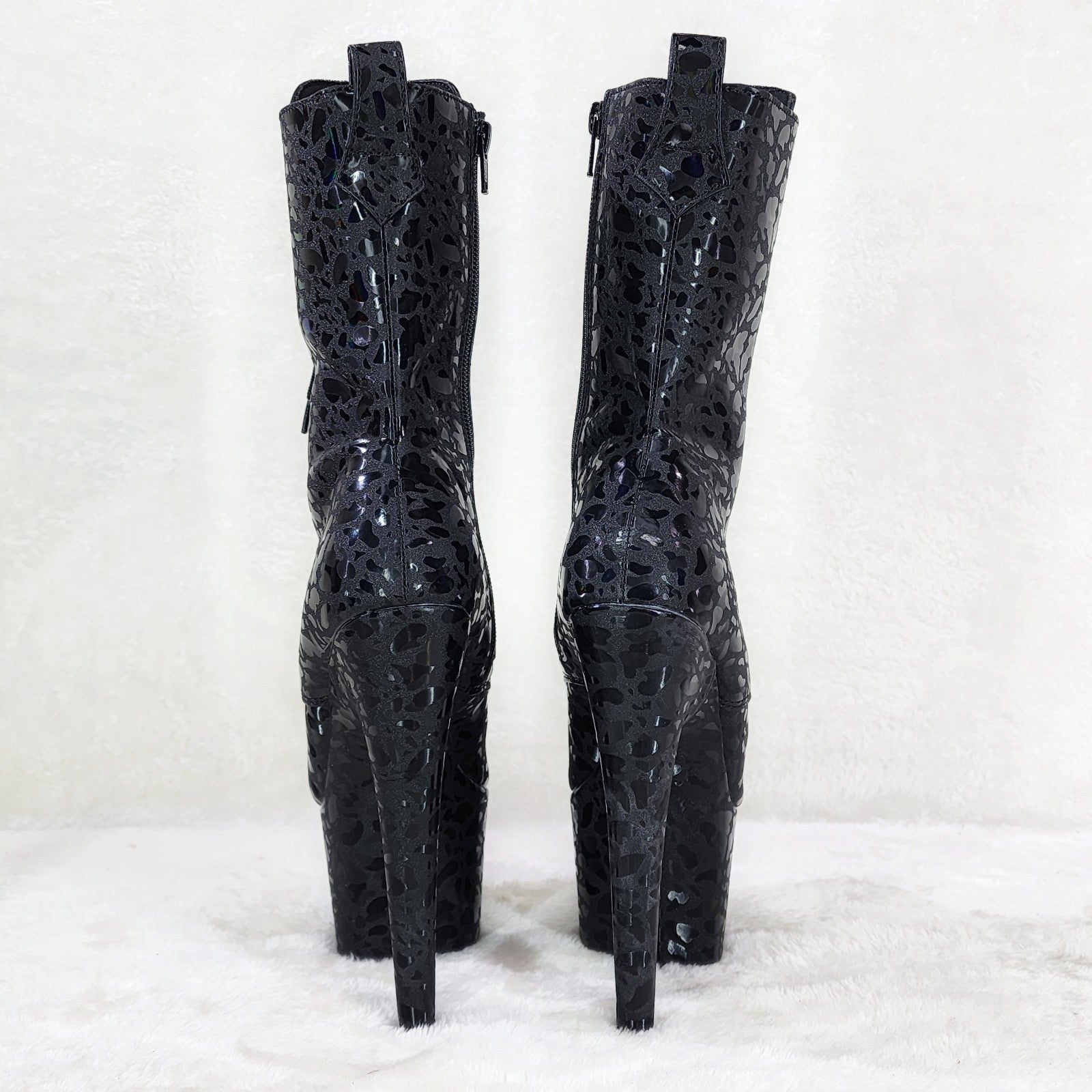 Adore 1040 Black Leopard Hologram 7" High Heel Platform Mid Calf Ankle Boots
