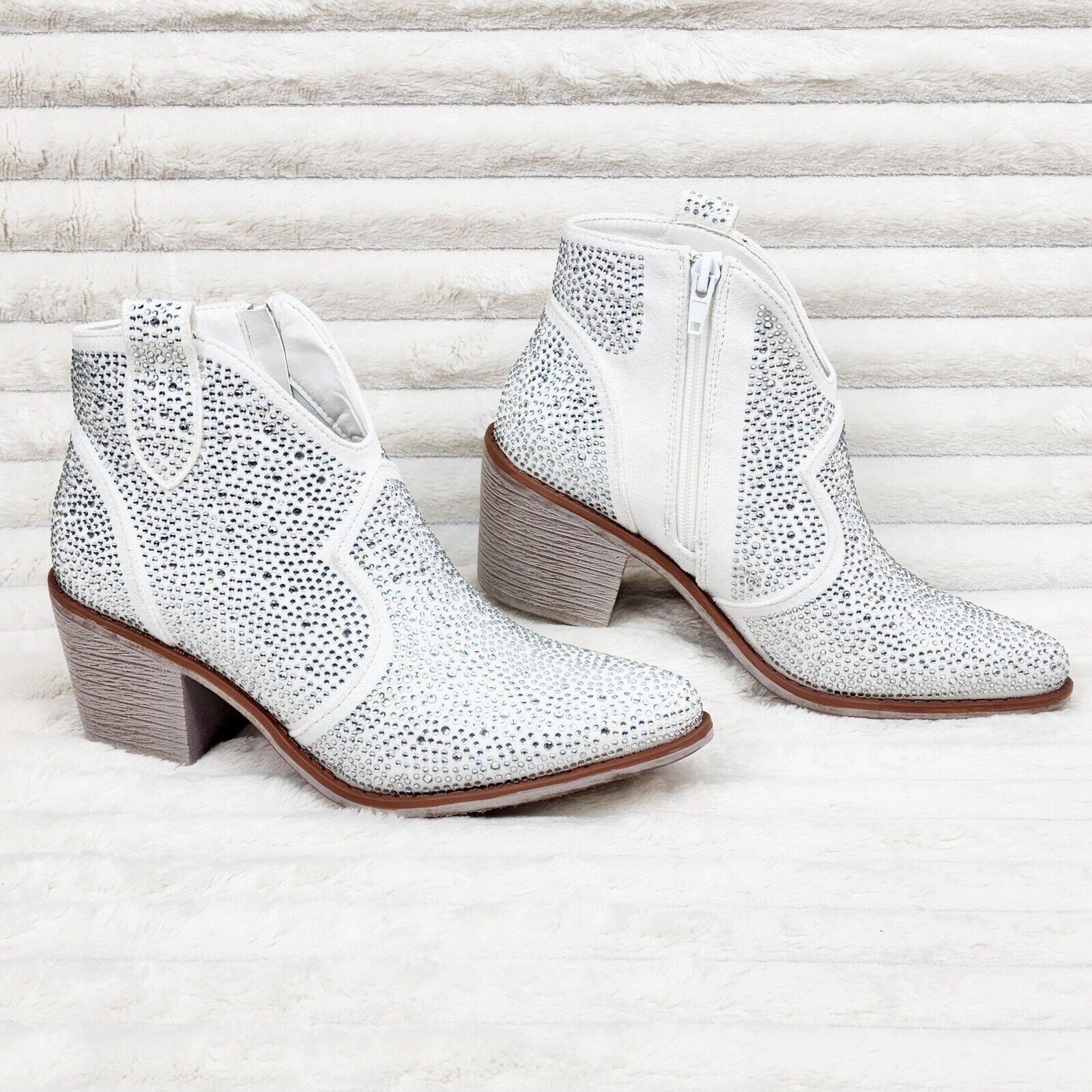 Wild Ones White Glamour Cowboy Rhinestone Cowgirl Ankle Booties Boots - Totally Wicked Footwear