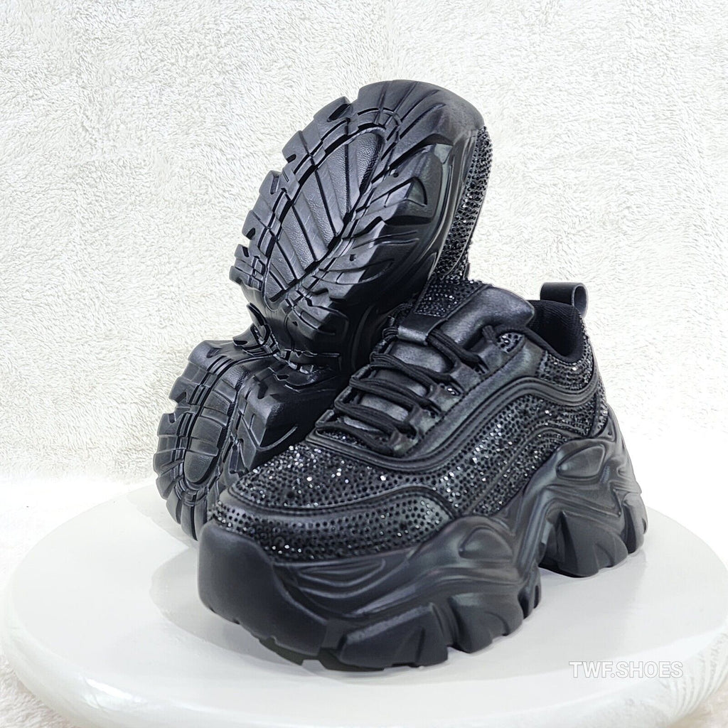 Cush Sport Rhinestone Comfy Platform Light Weight Sneakers Black - Totally Wicked Footwear