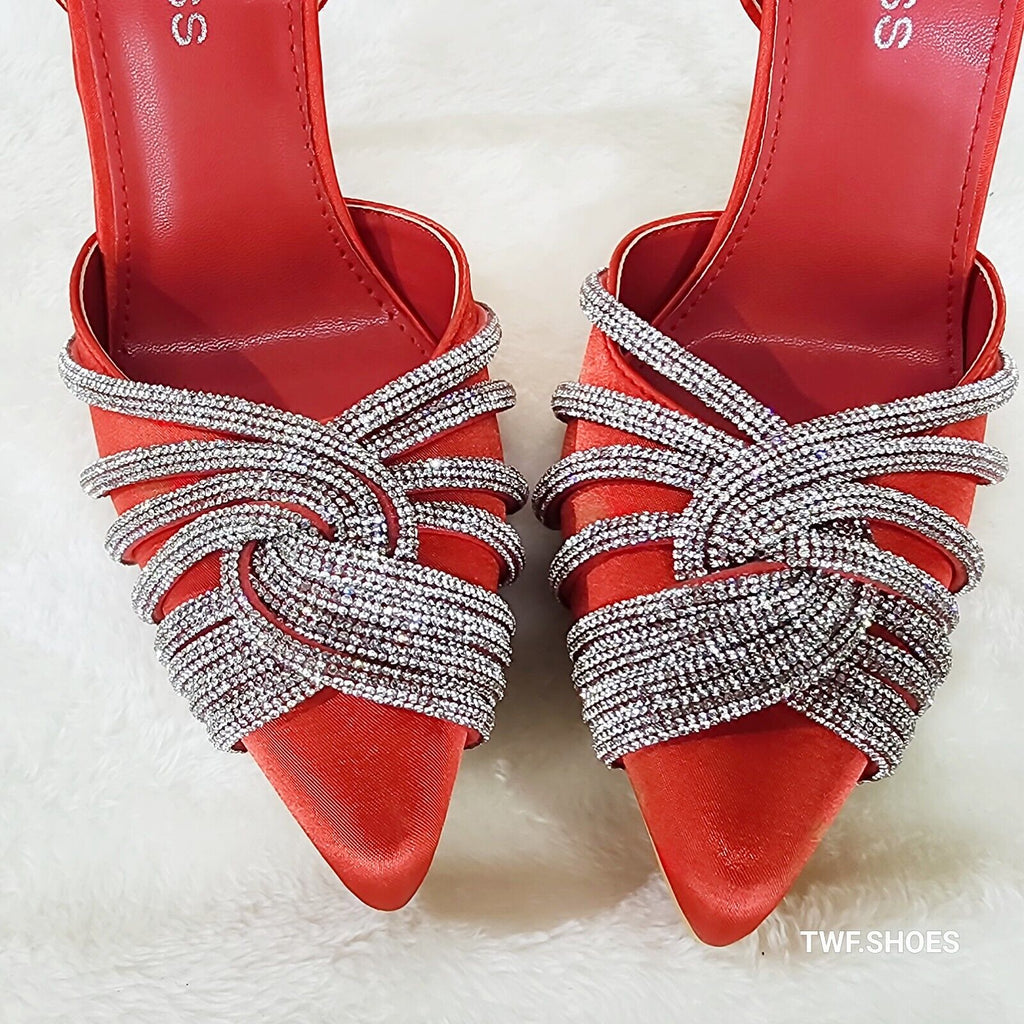 Elegance Slip on Slingback Red Satin Rhinestone Pointy Toe High Heels Shoes