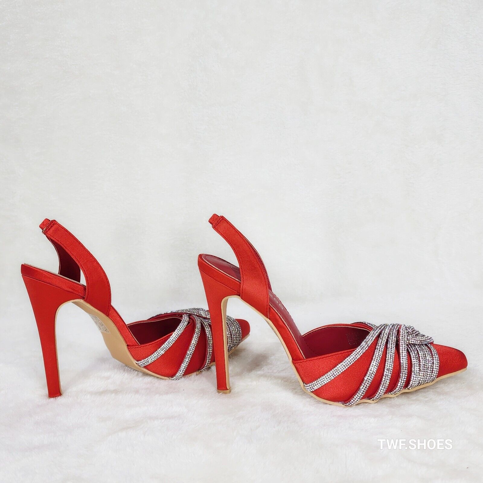 Elegance Slip on Slingback Red Satin Rhinestone Pointy Toe High Heels Shoes - Totally Wicked Footwear